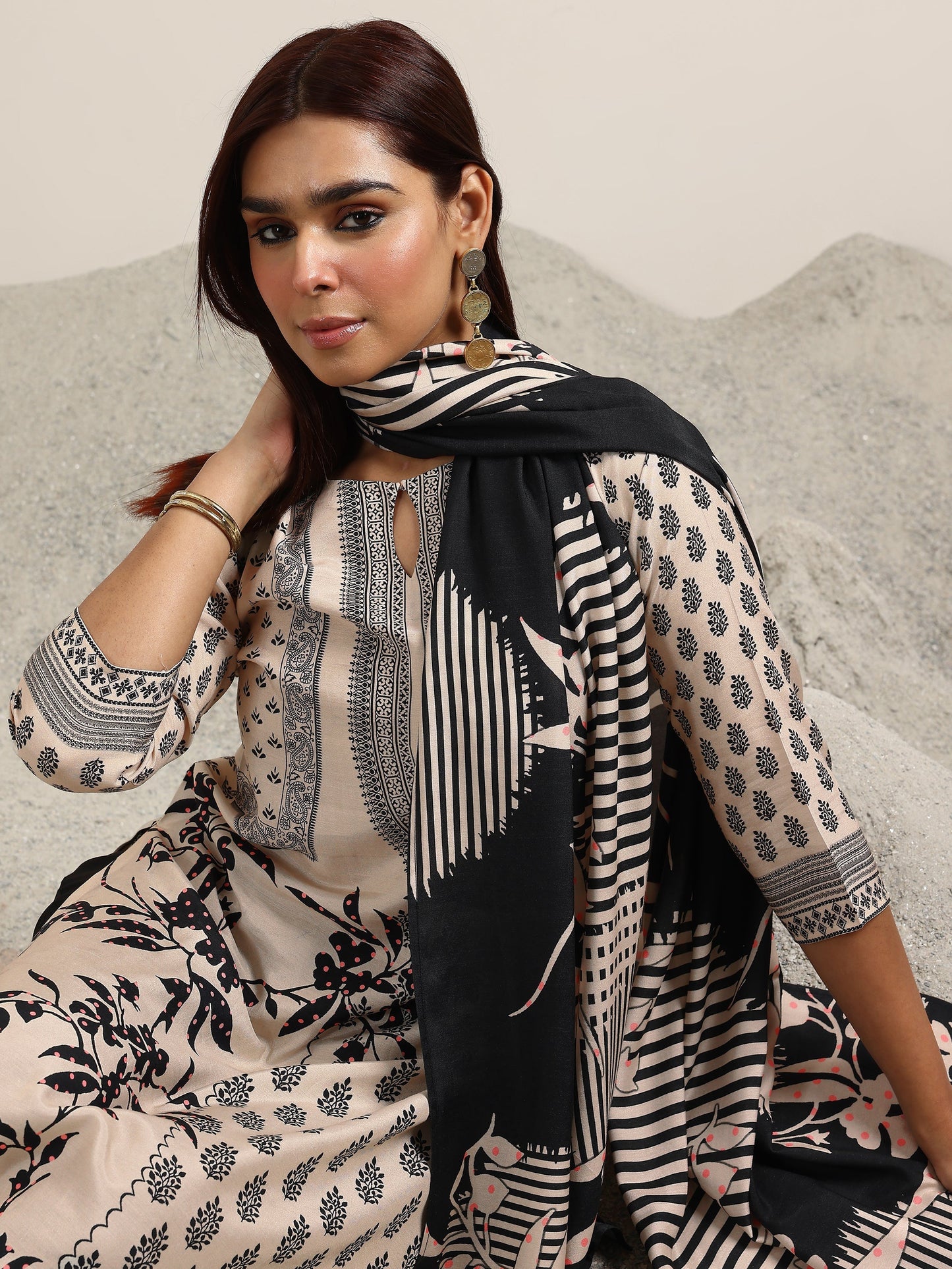 Off White Printed Silk Blend Straight Suit With Dupatta