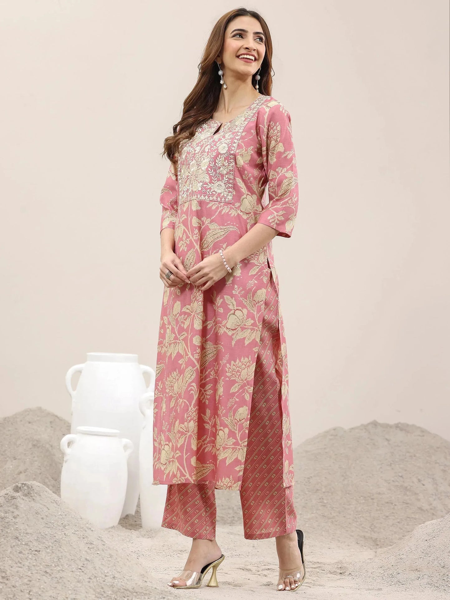 Pink Printed Silk Blend Straight Suit With Dupatta
