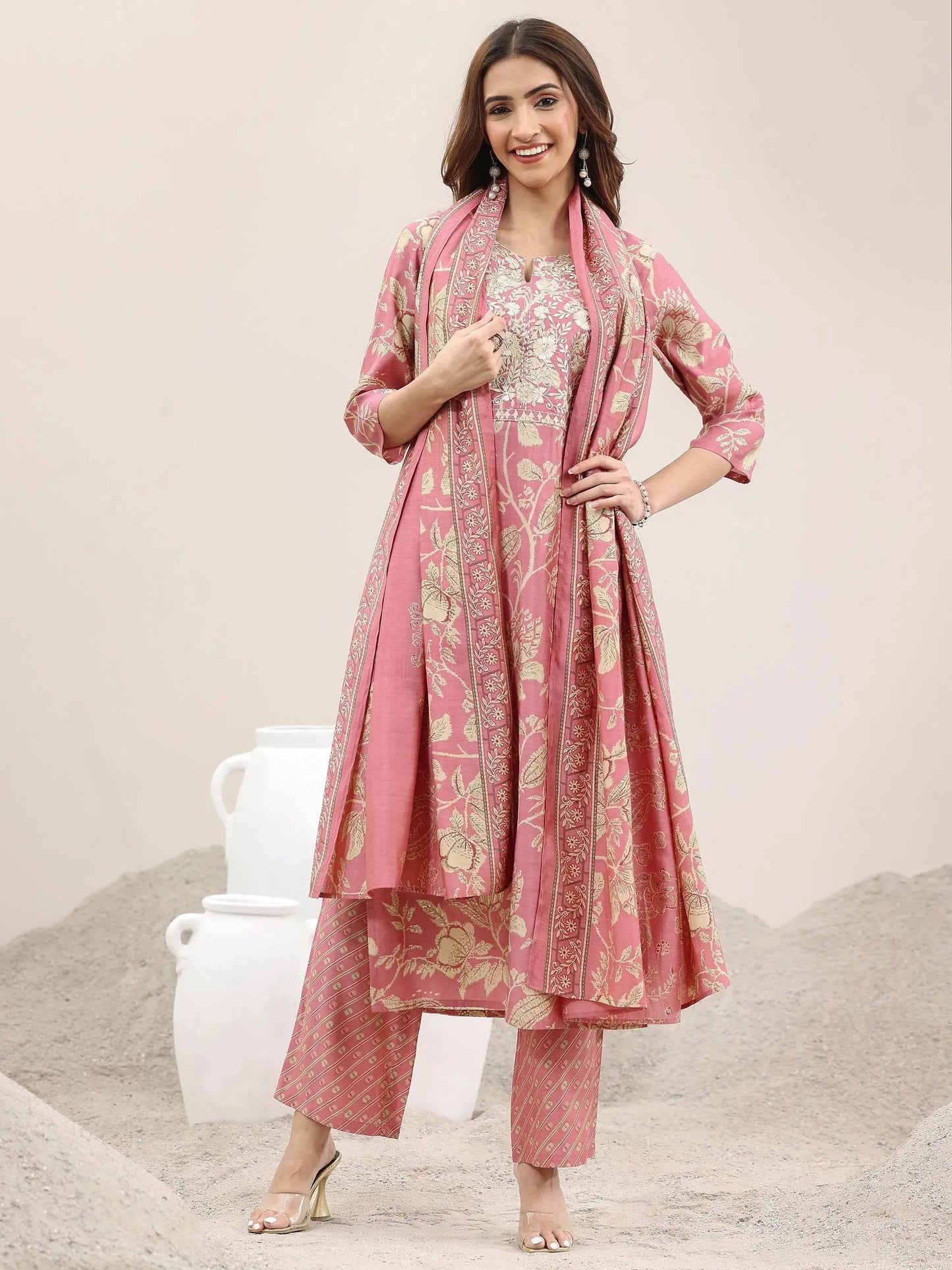 Pink Printed Silk Blend Straight Suit With Dupatta