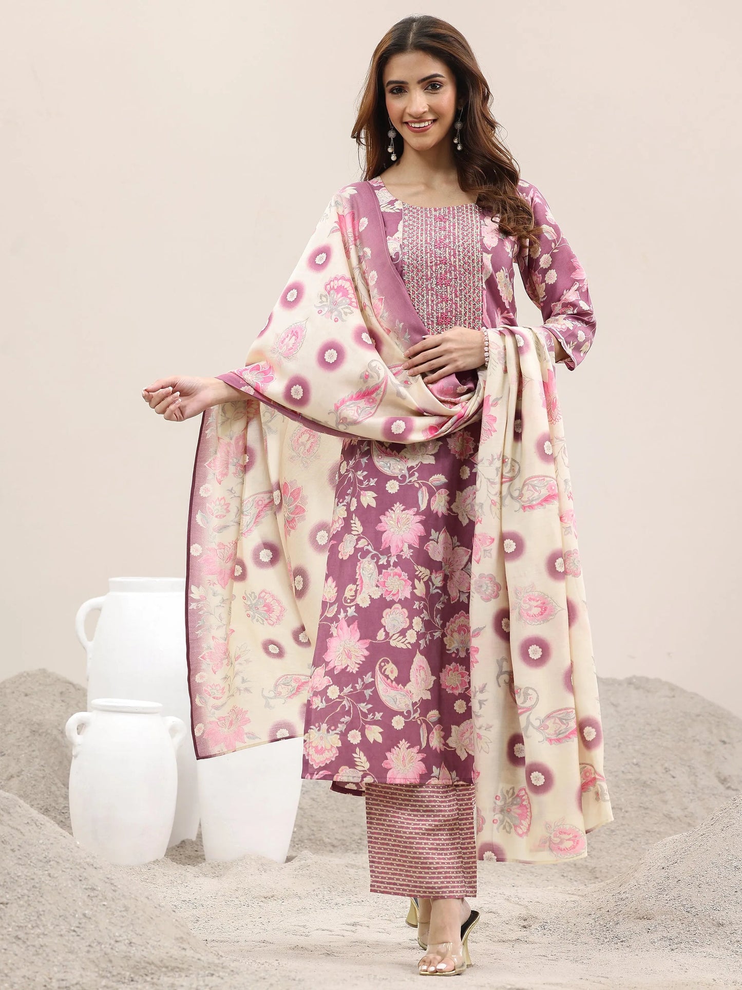 Mauve Printed Silk Blend Straight Suit With Dupatta