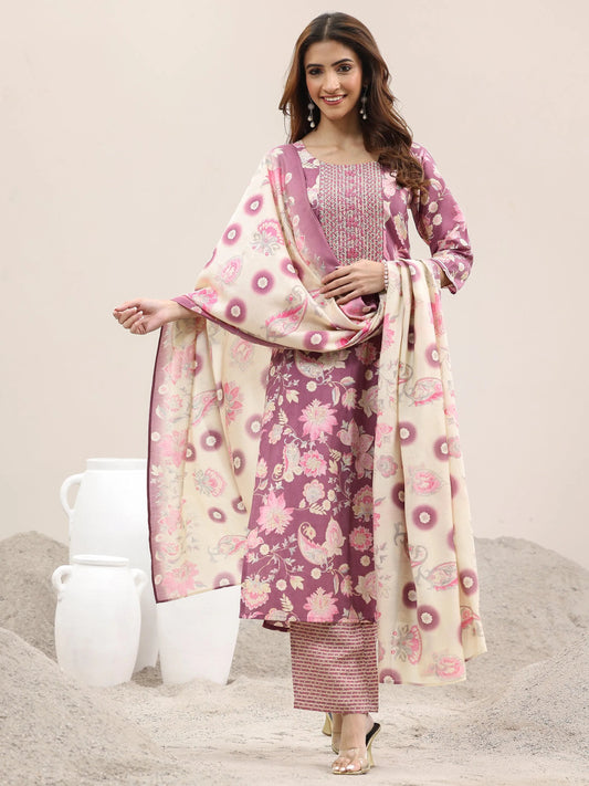 Mauve Printed Silk Blend Straight Suit With Dupatta