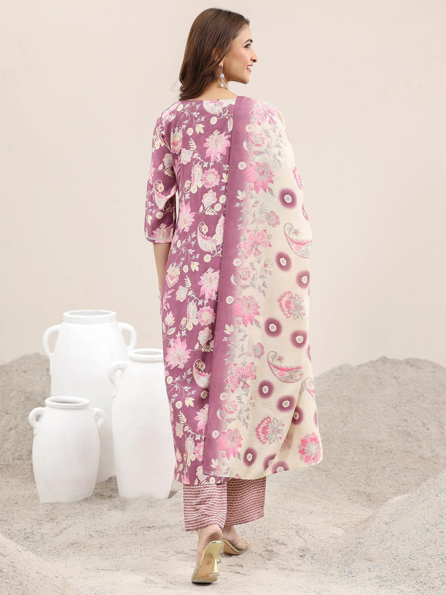 Mauve Printed Silk Blend Straight Suit With Dupatta