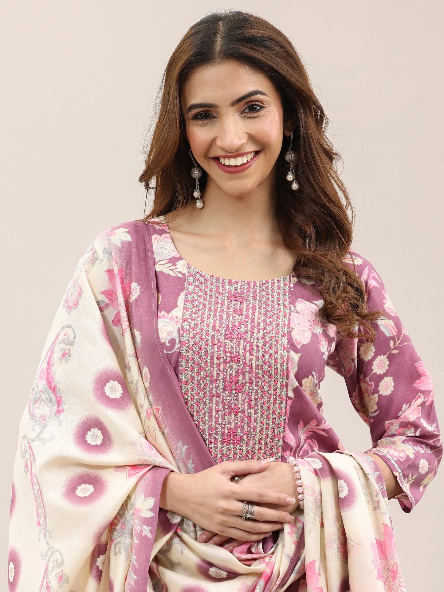 Mauve Printed Silk Blend Straight Suit With Dupatta