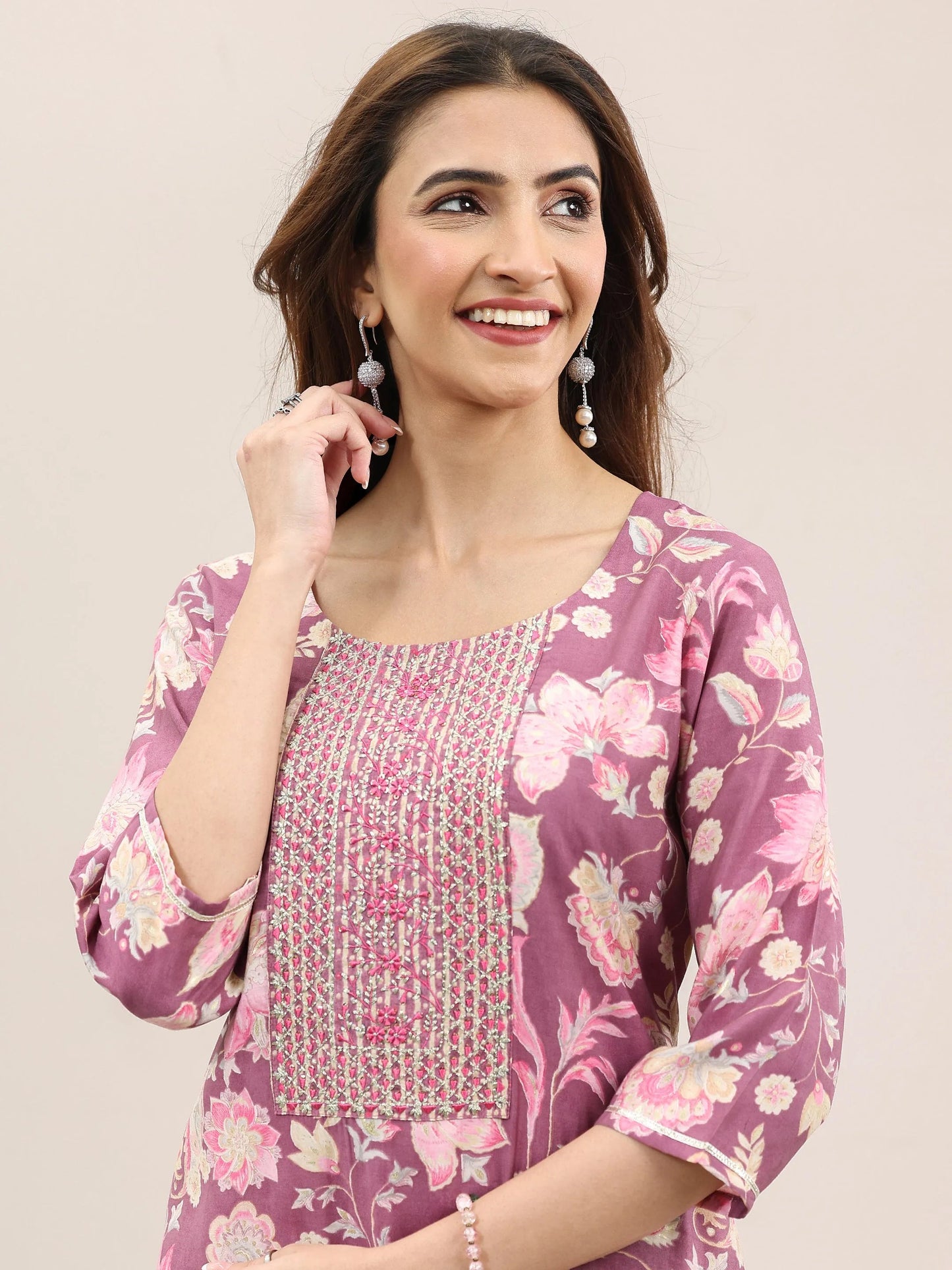 Mauve Printed Silk Blend Straight Suit With Dupatta