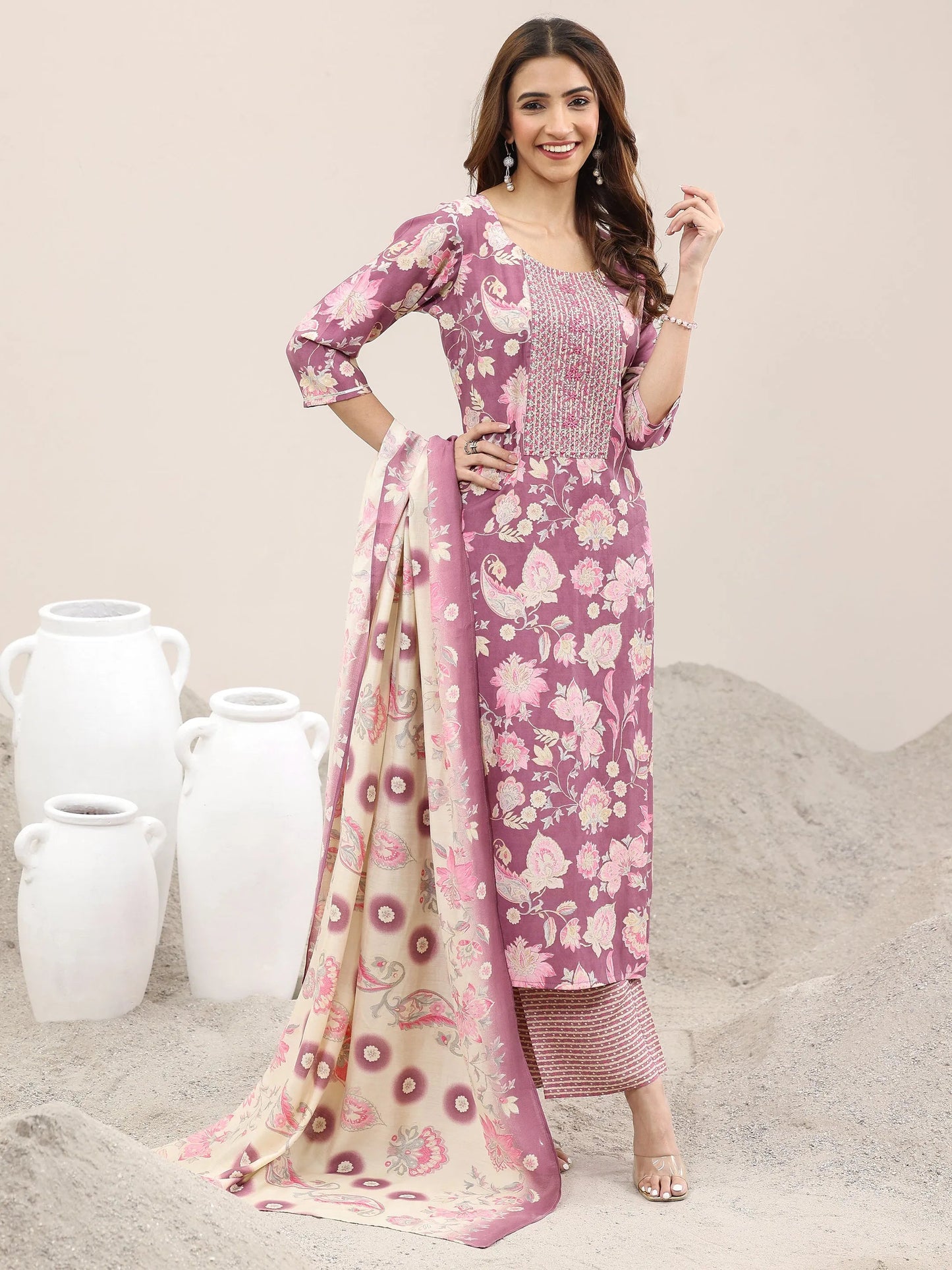 Mauve Printed Silk Blend Straight Suit With Dupatta