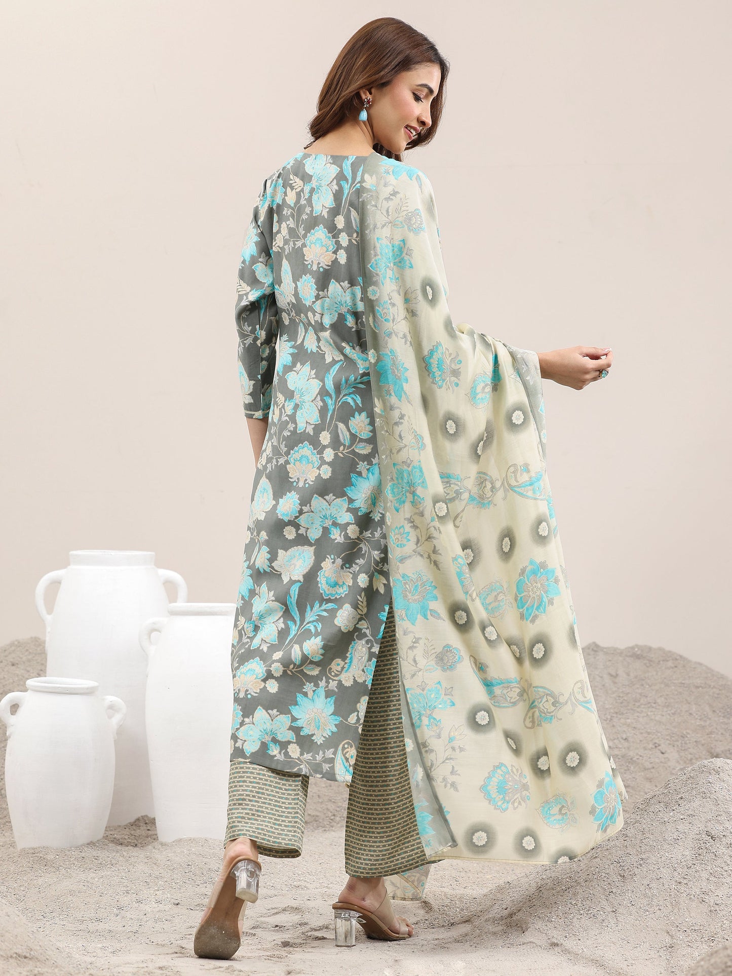 Grey Printed Silk Blend Straight Suit With Dupatta