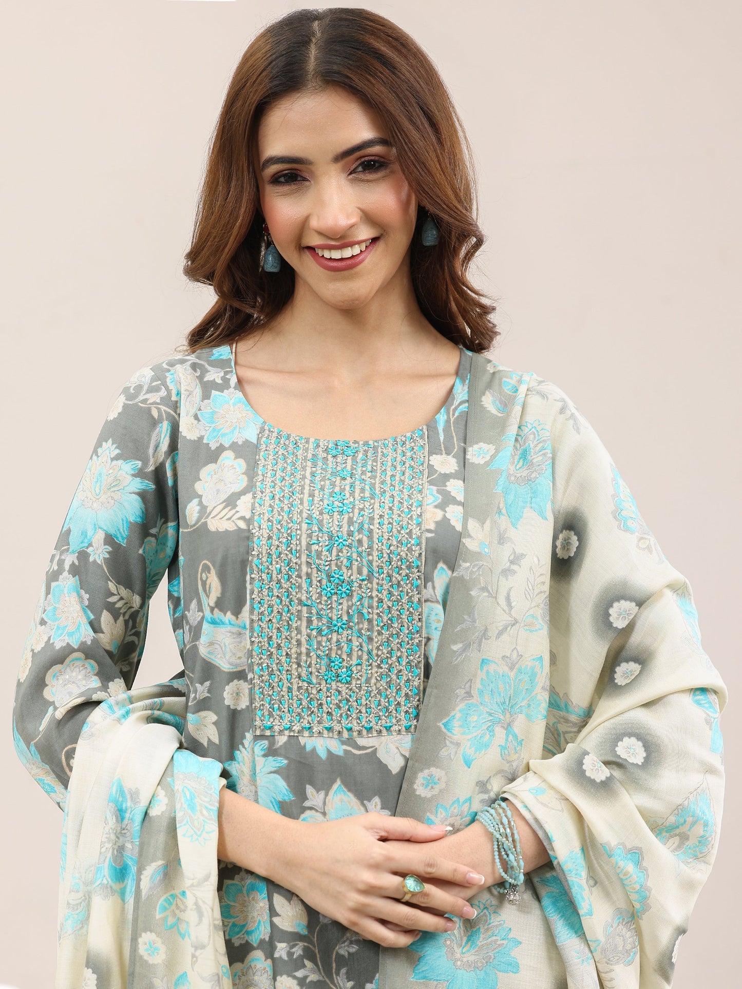 Grey Printed Silk Blend Straight Suit With Dupatta