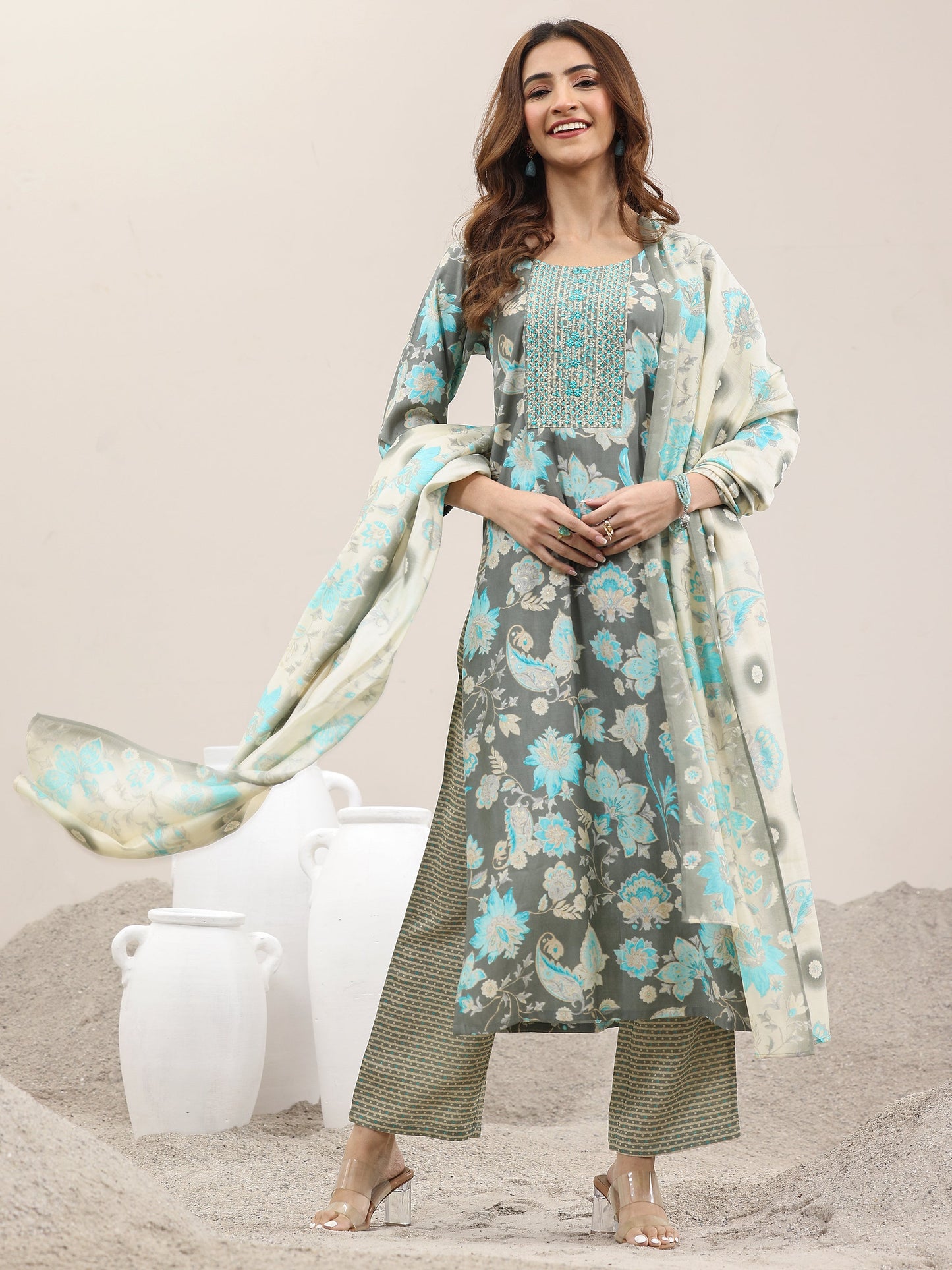 Grey Printed Silk Blend Straight Suit With Dupatta