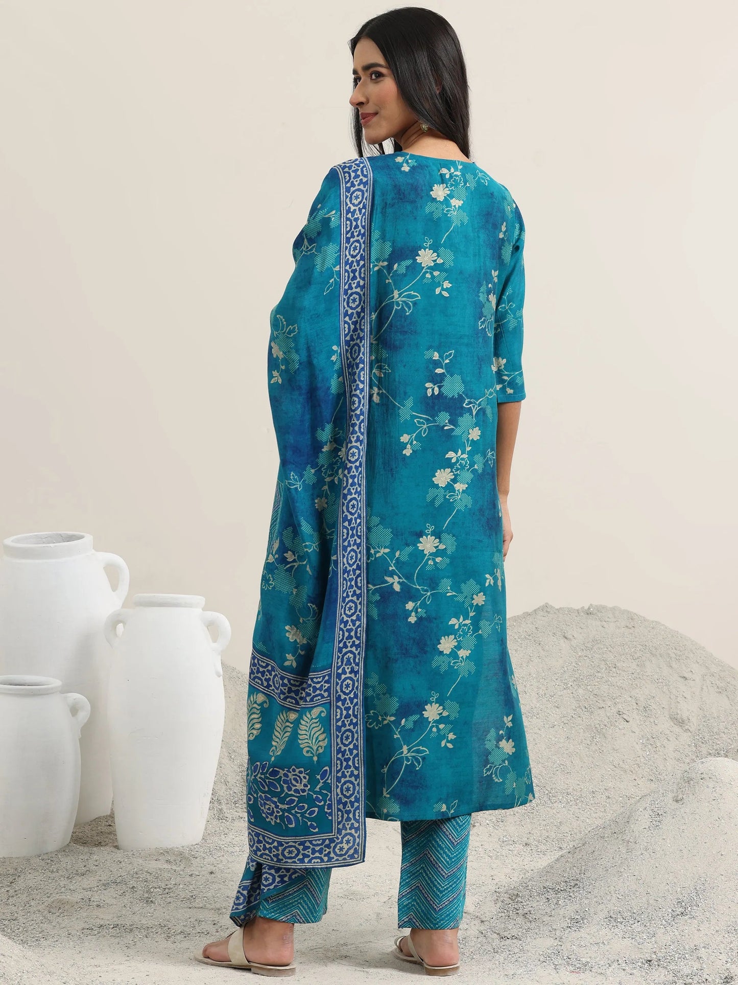 Blue Printed Silk Blend Straight Suit With Dupatta