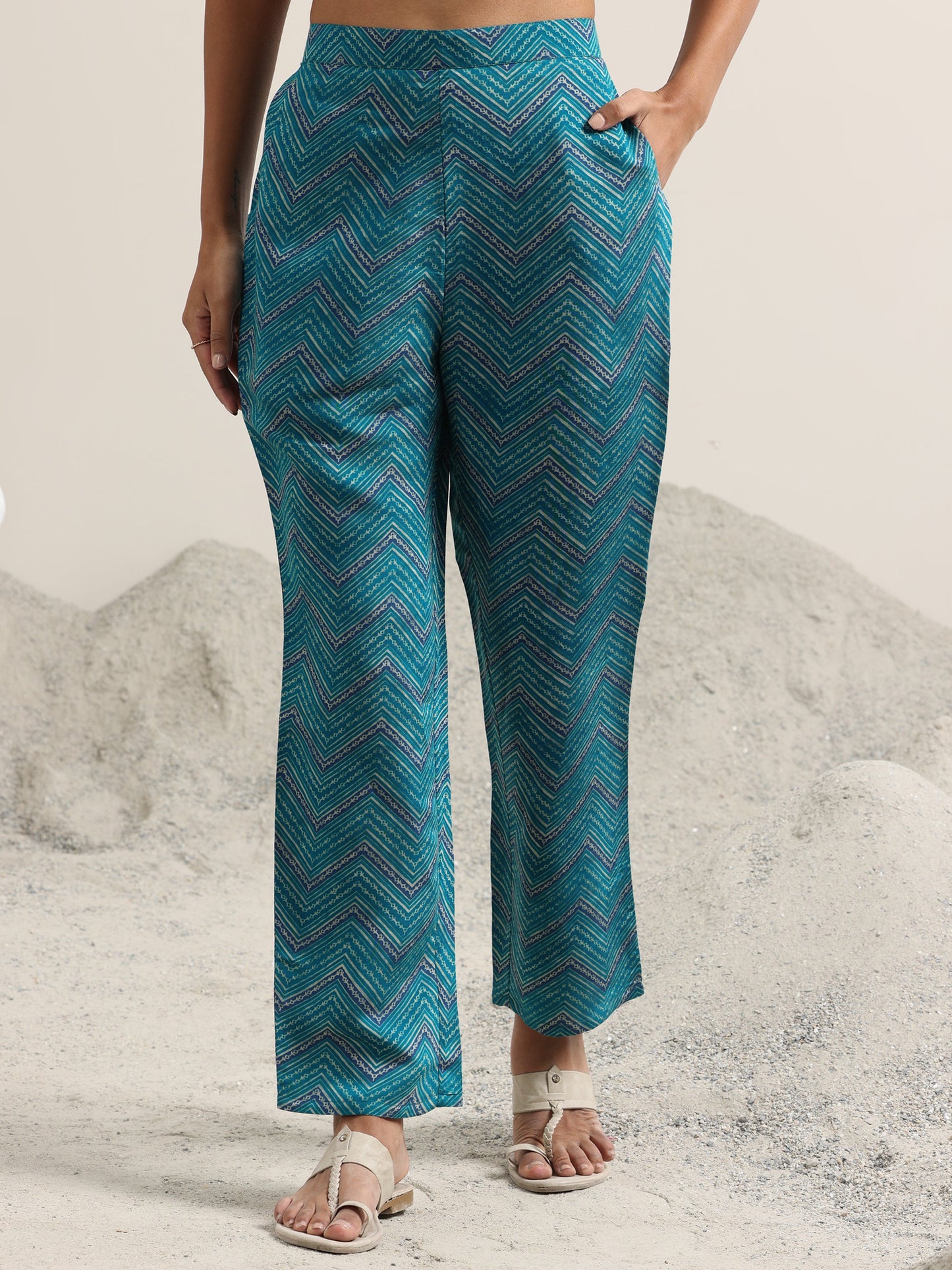 Blue Printed Silk Blend Straight Suit With Dupatta