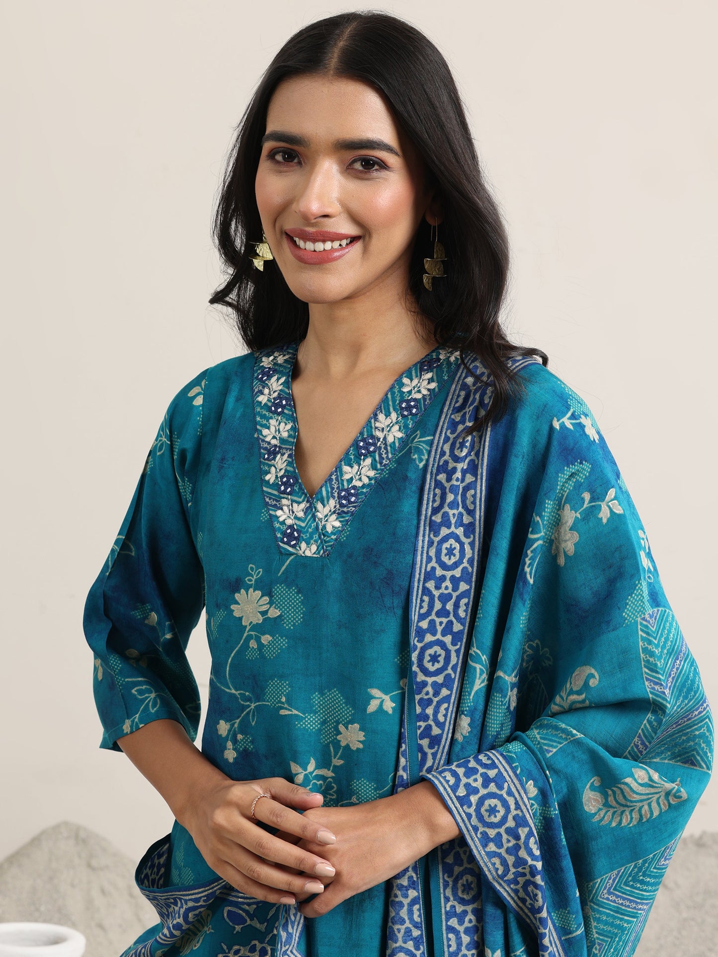 Blue Printed Silk Blend Straight Suit With Dupatta