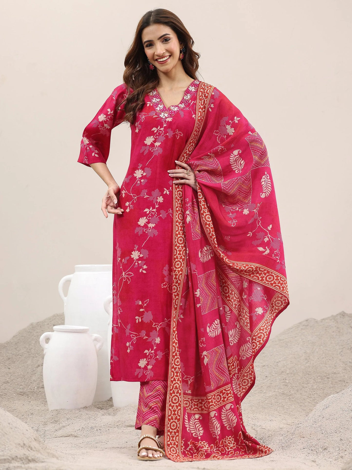 Red Printed Silk Blend Straight Suit With Dupatta