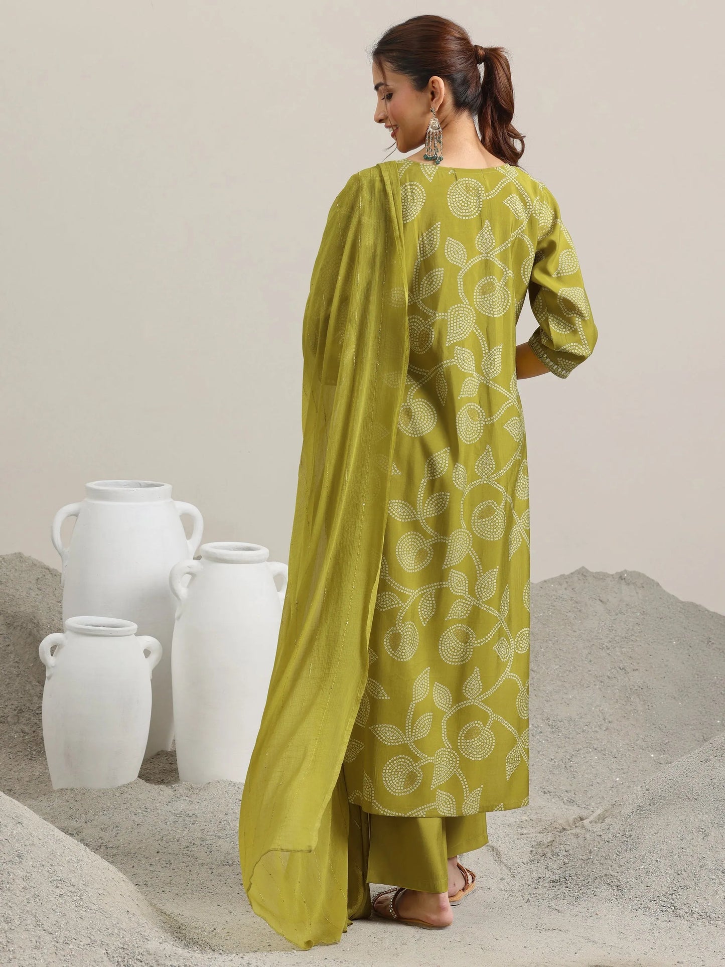 Green Printed Silk Blend Straight Suit With Dupatta