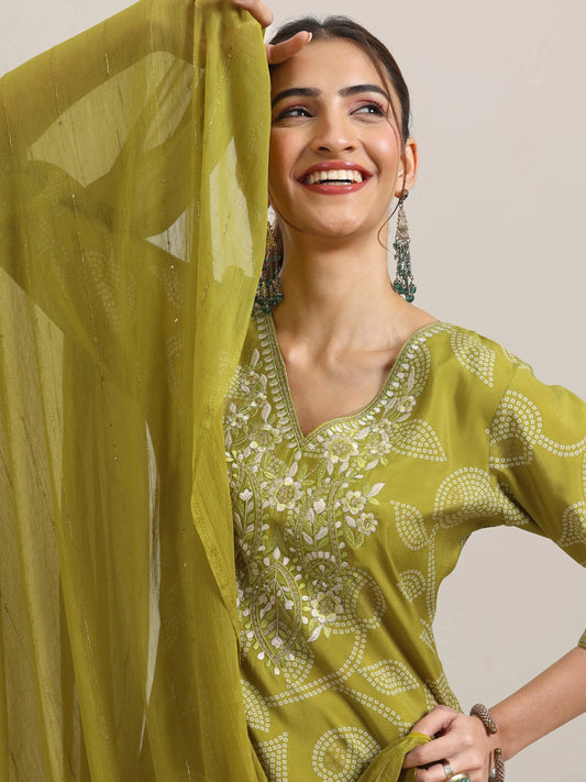 Green Printed Silk Blend Straight Suit With Dupatta
