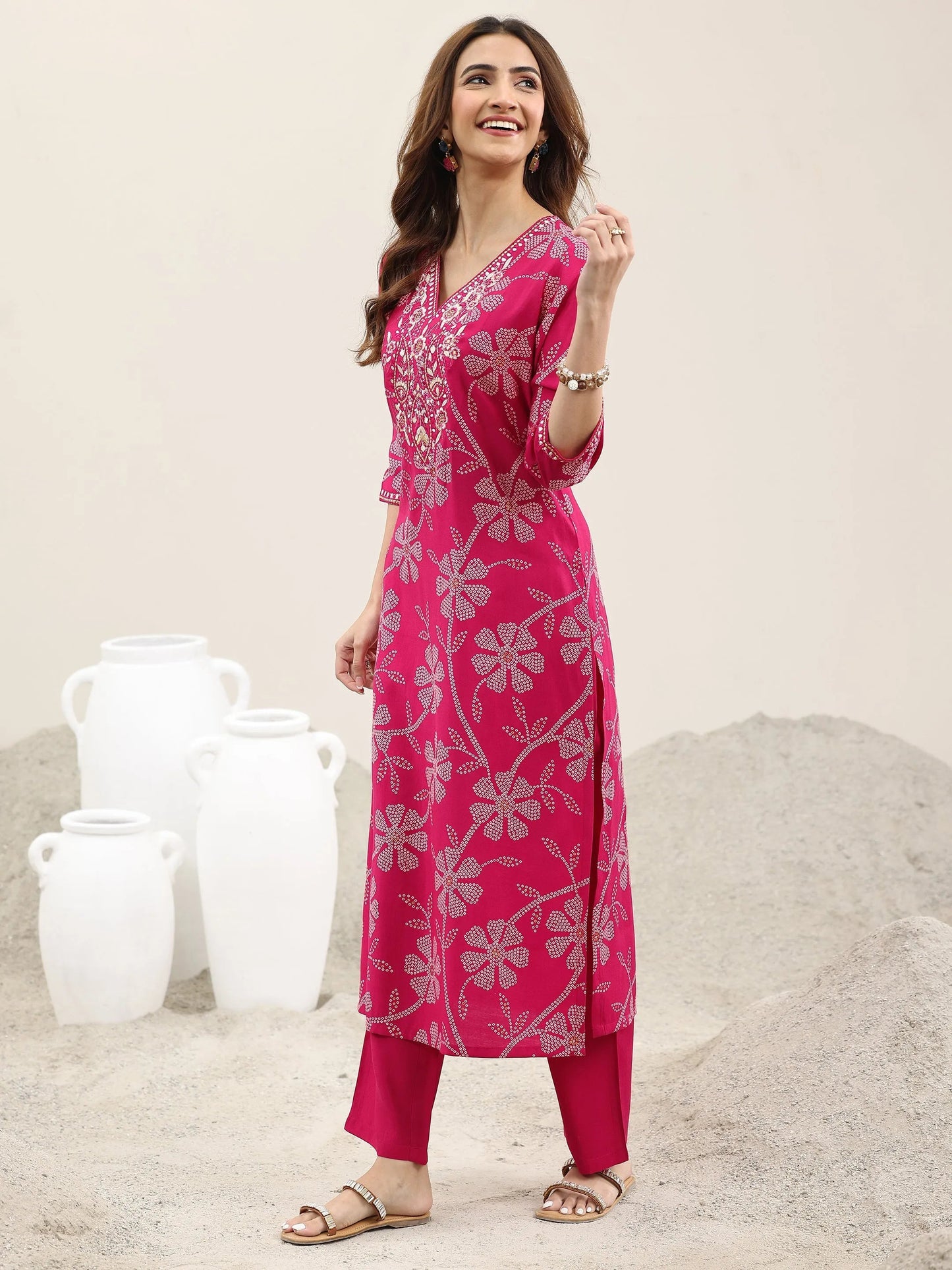 Pink Printed Silk Blend Straight Suit With Dupatta