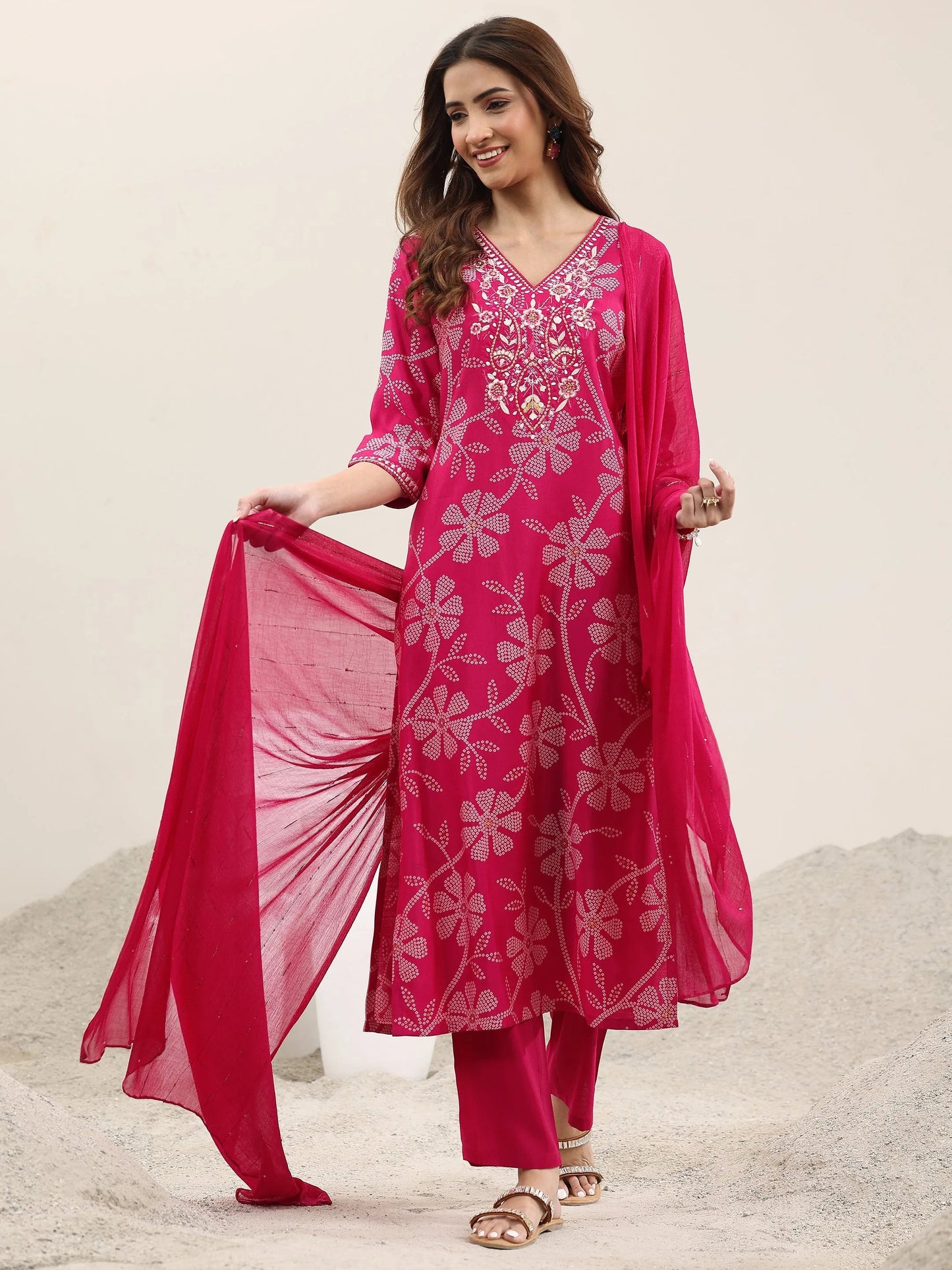 Pink Printed Silk Blend Straight Suit With Dupatta