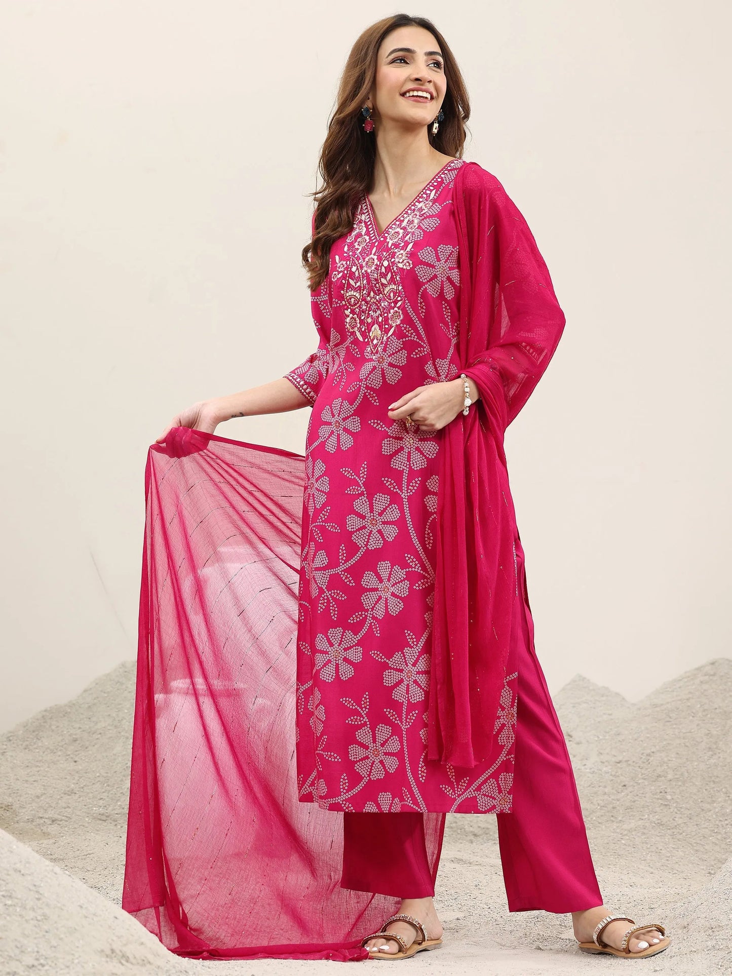 Pink Printed Silk Blend Straight Suit With Dupatta
