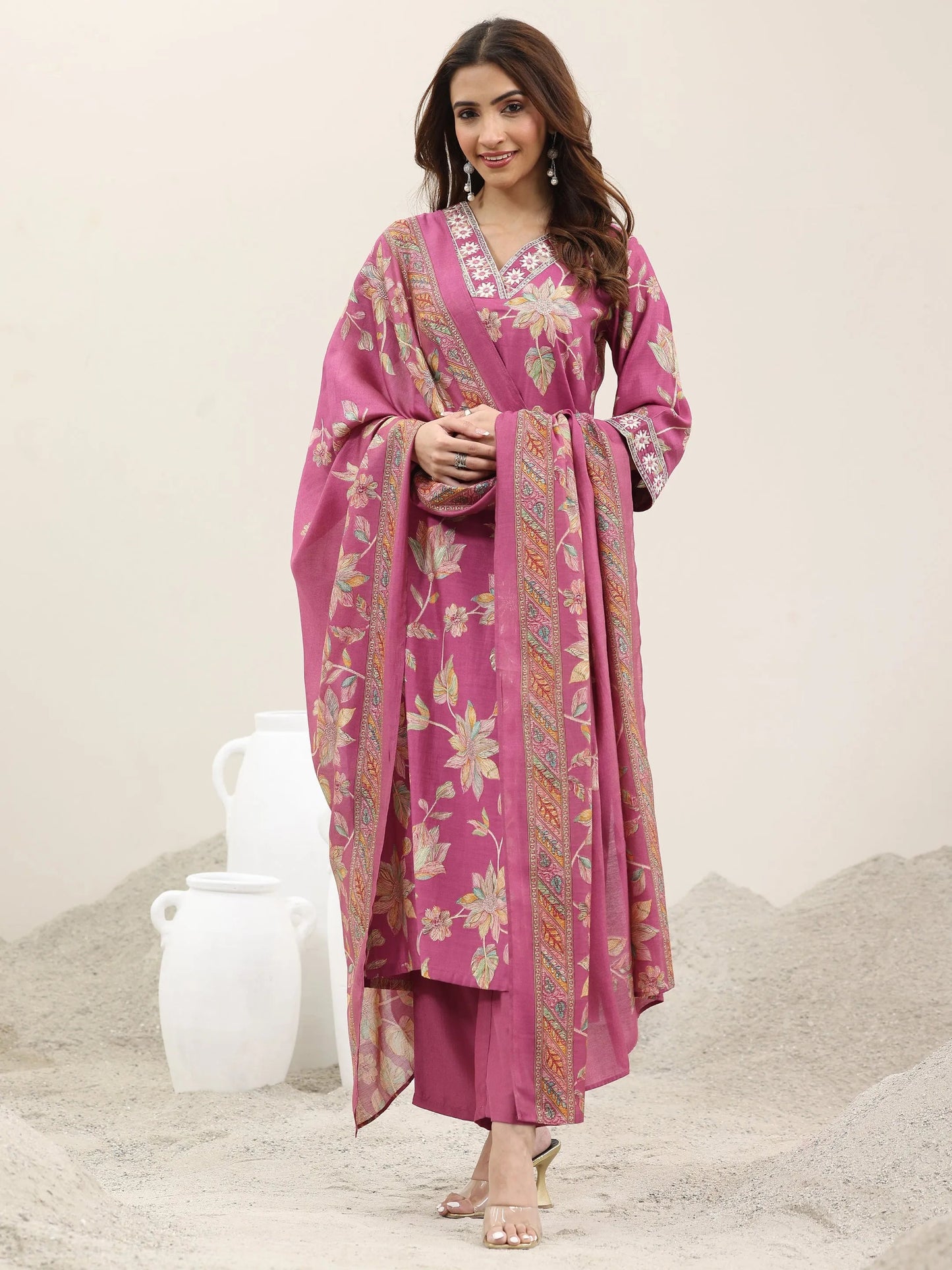Pink Printed Silk Blend Straight Suit With Dupatta