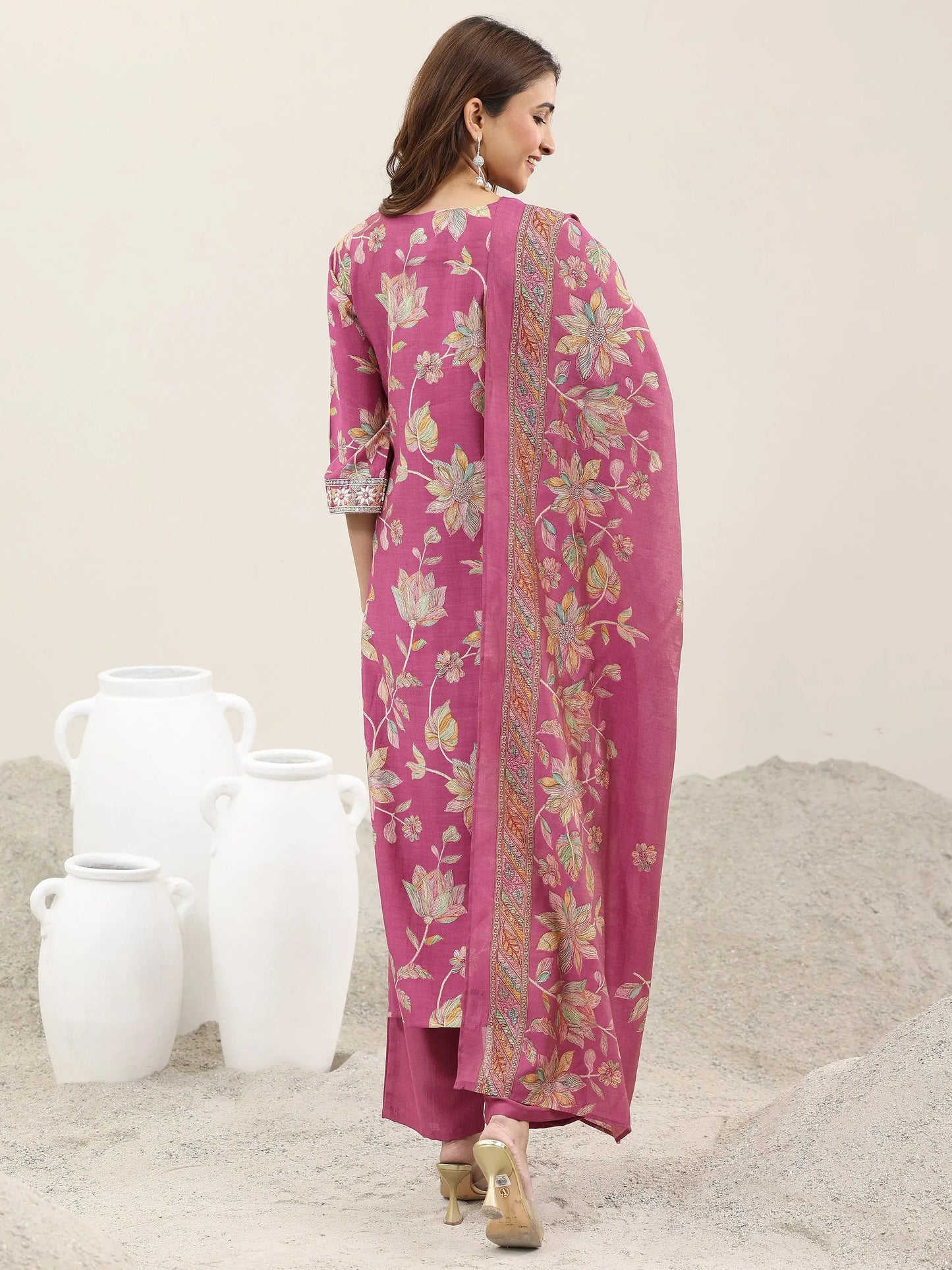 Pink Printed Silk Blend Straight Suit With Dupatta