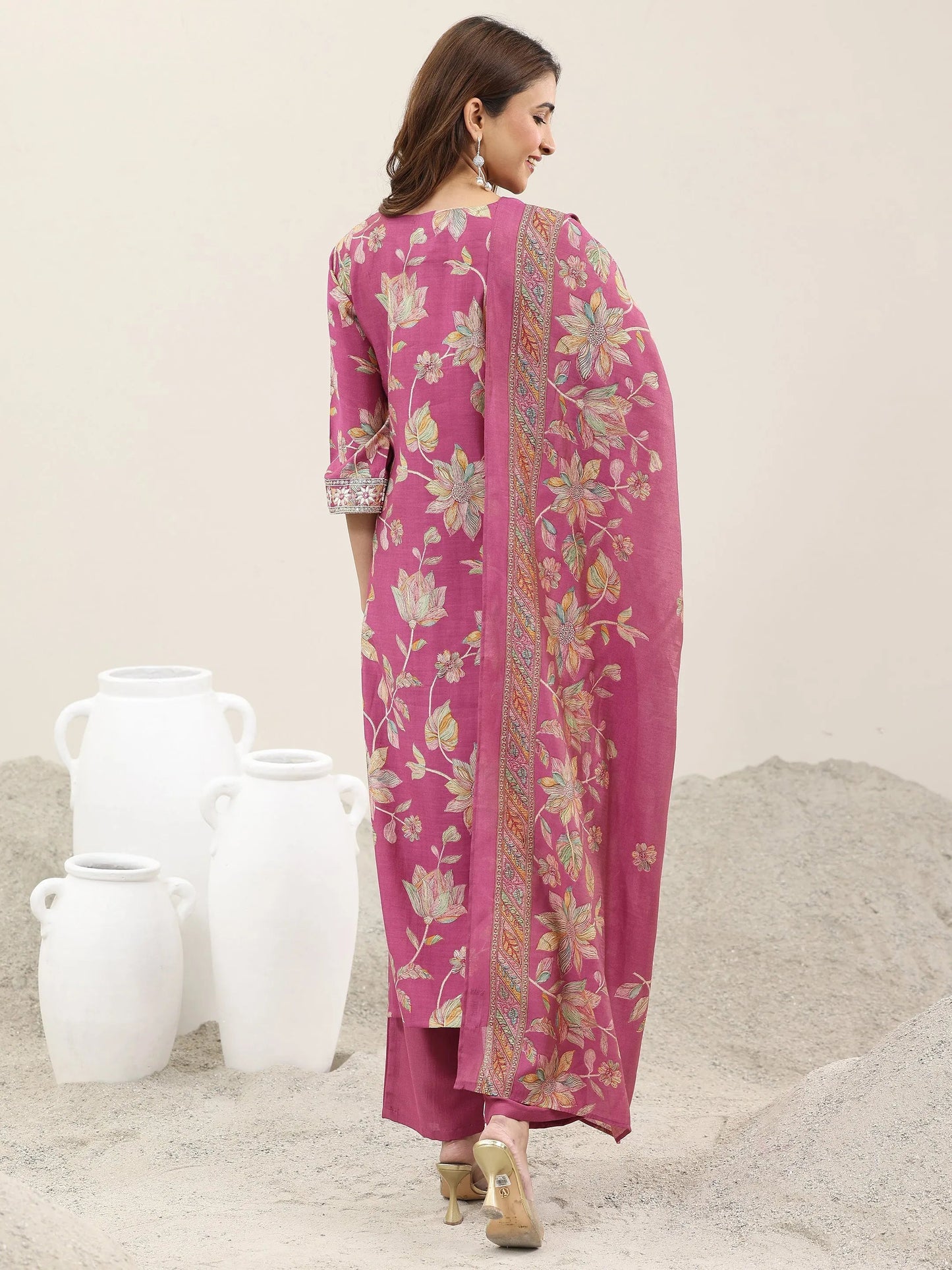 Pink Printed Silk Blend Straight Suit With Dupatta
