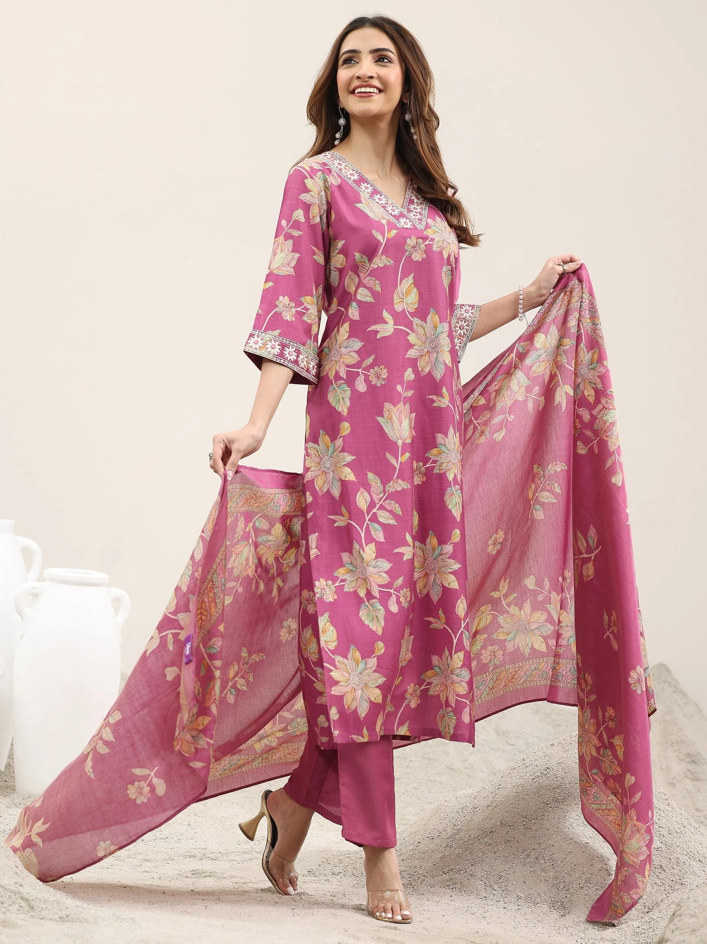 Pink Printed Silk Blend Straight Suit With Dupatta