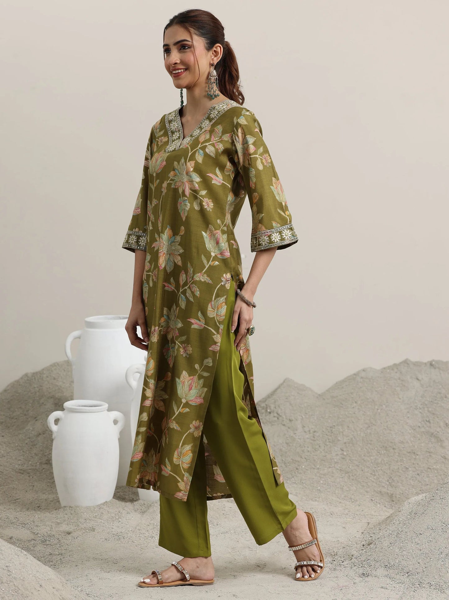 Olive Printed Silk Blend Straight Suit With Dupatta