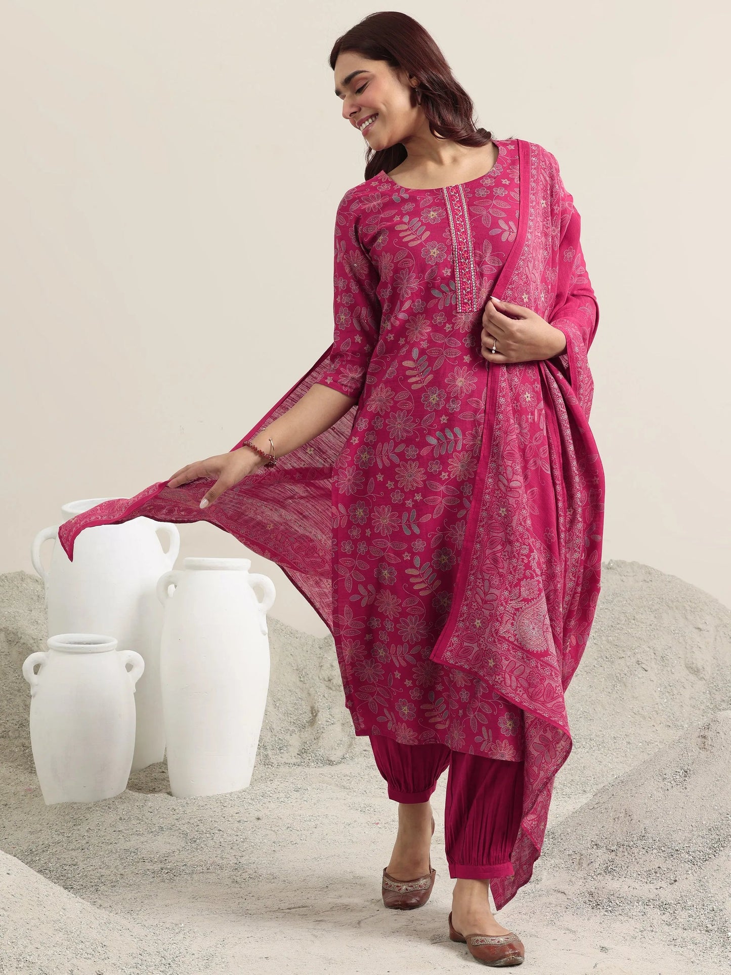 Pink Printed Silk Blend Straight Suit With Dupatta