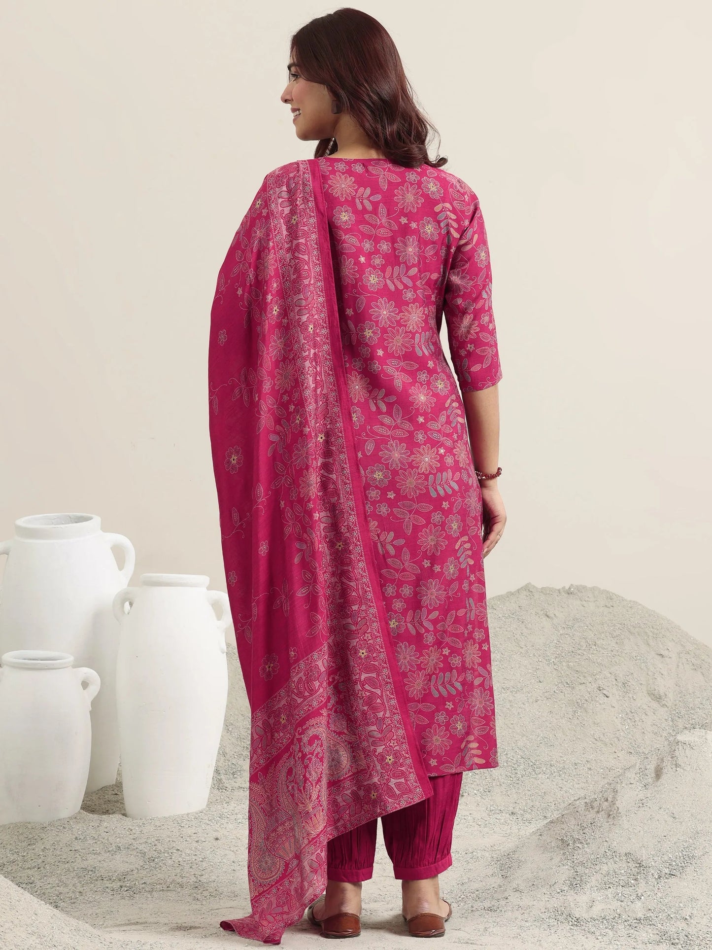 Pink Printed Silk Blend Straight Suit With Dupatta