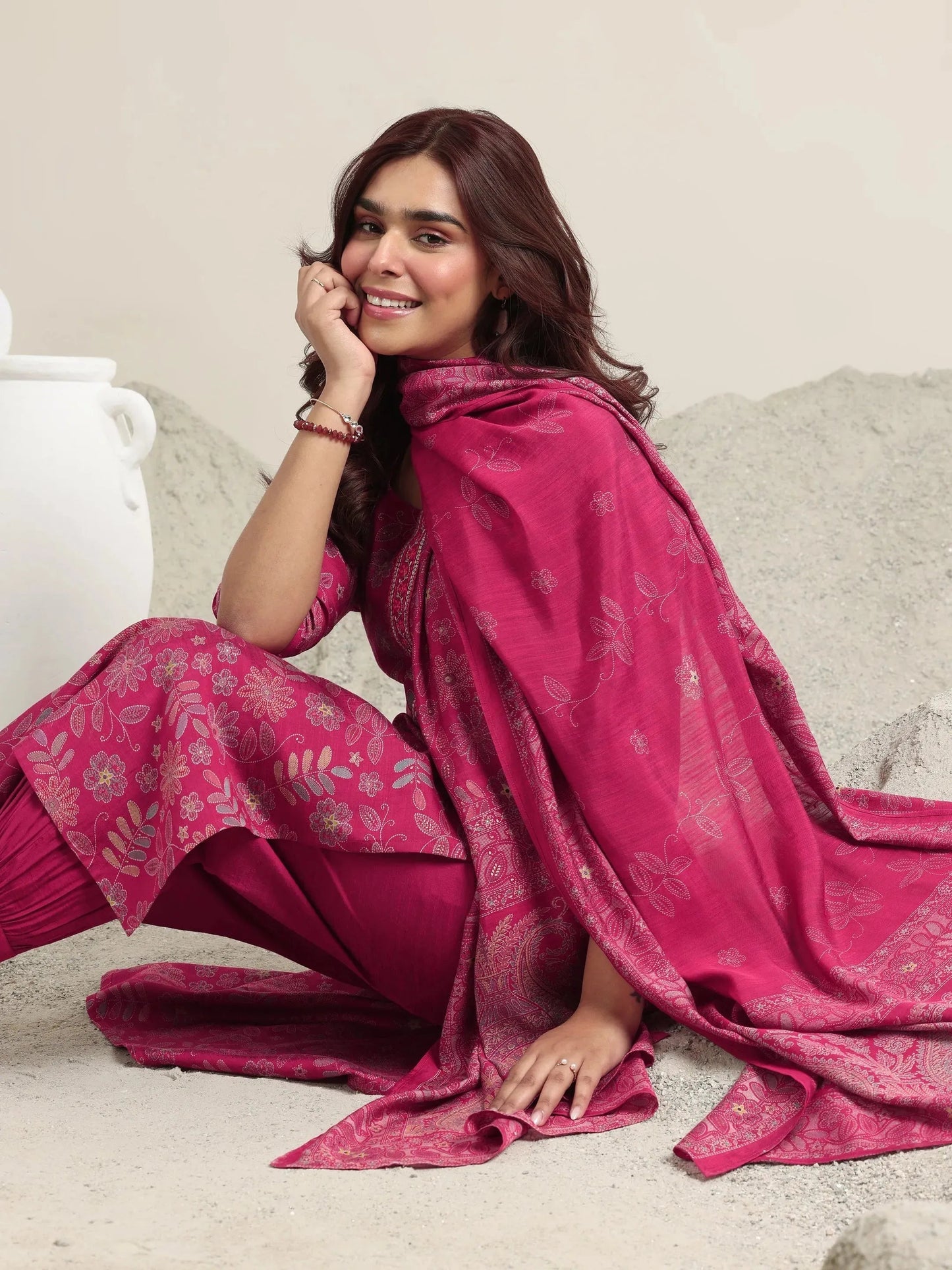 Pink Printed Silk Blend Straight Suit With Dupatta