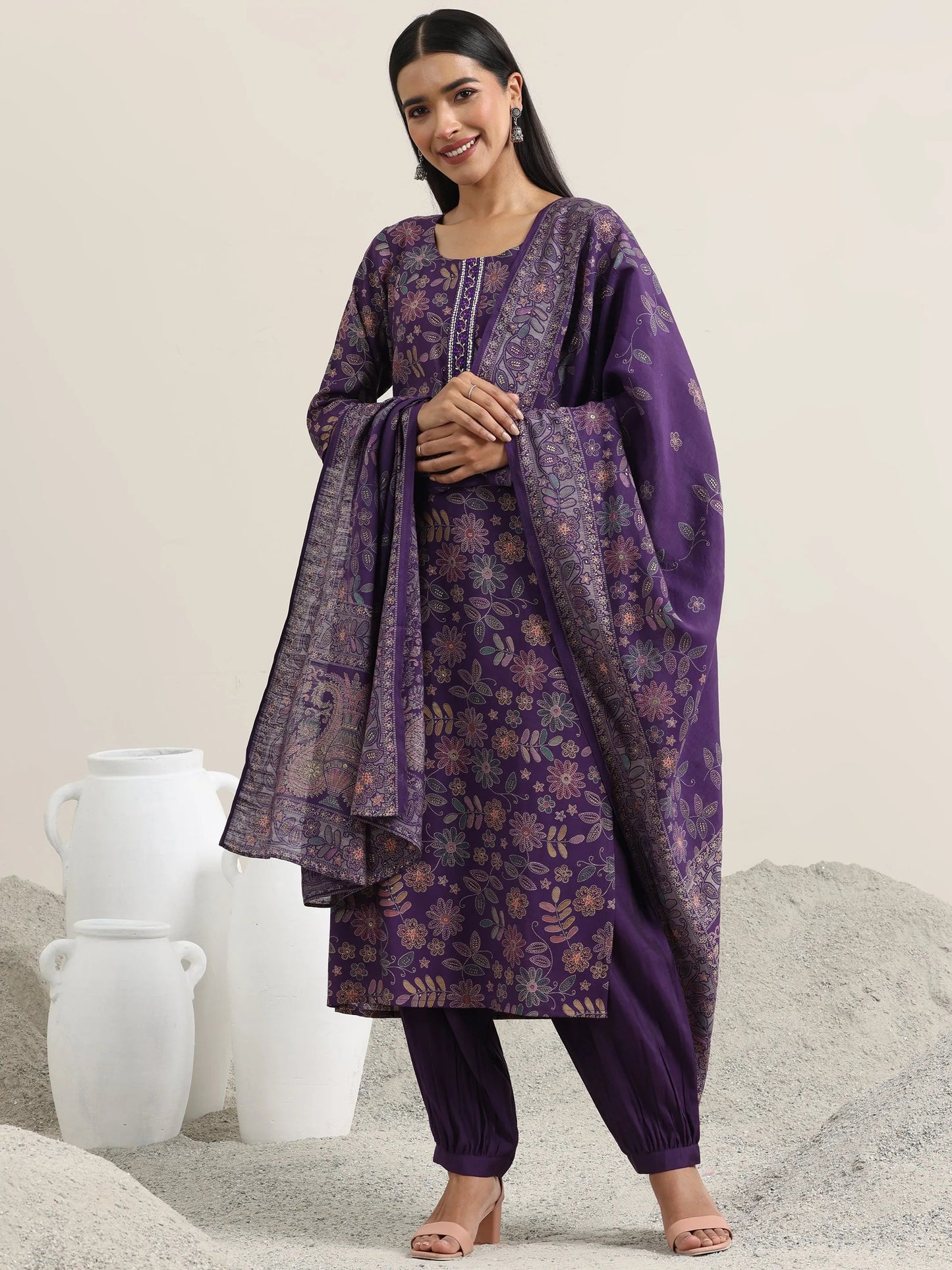 Purple Printed Silk Blend Straight Suit With Dupatta