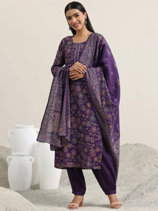 Purple Printed Silk Blend Straight Suit With Dupatta