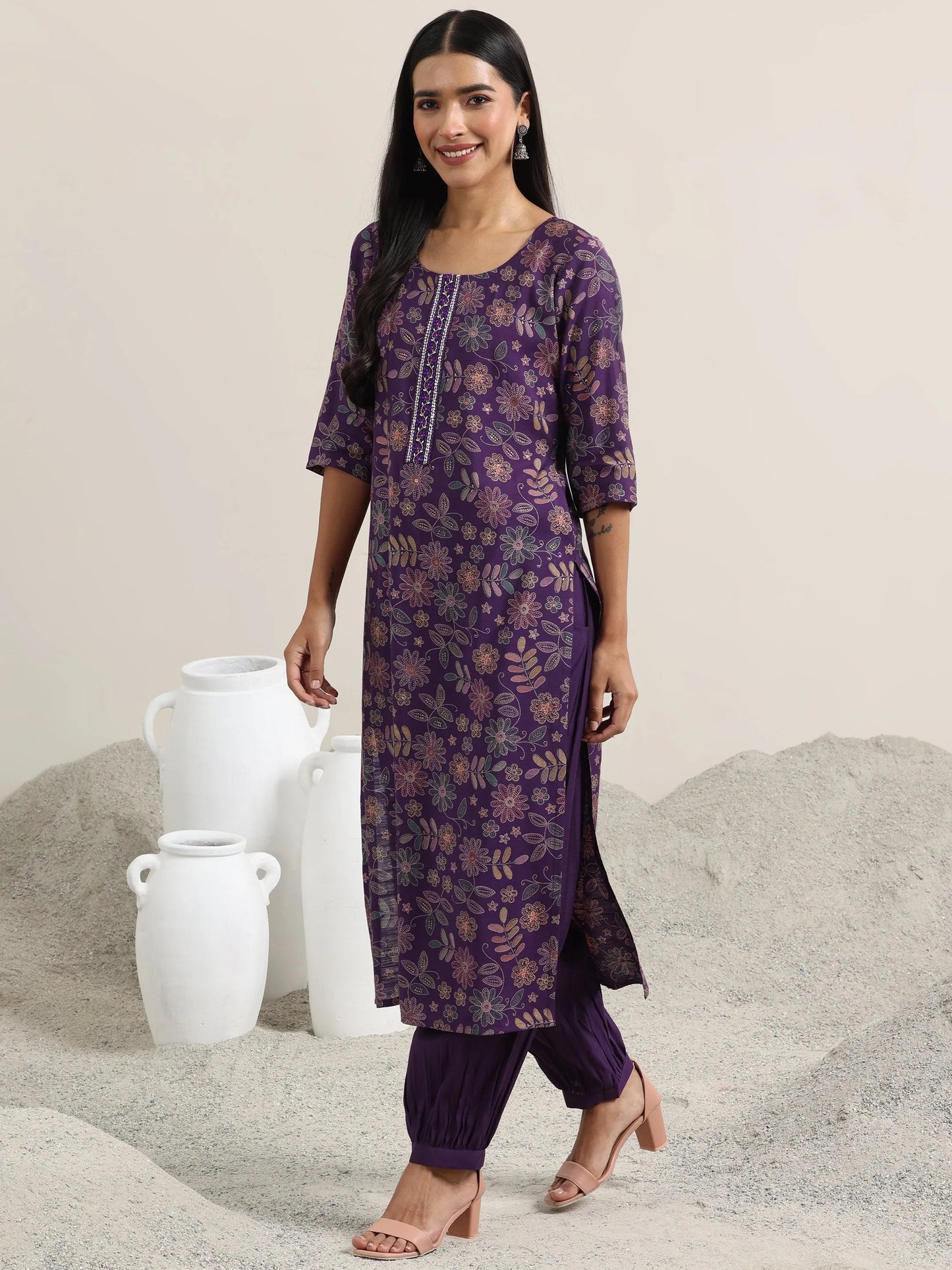 Purple Printed Silk Blend Straight Suit With Dupatta