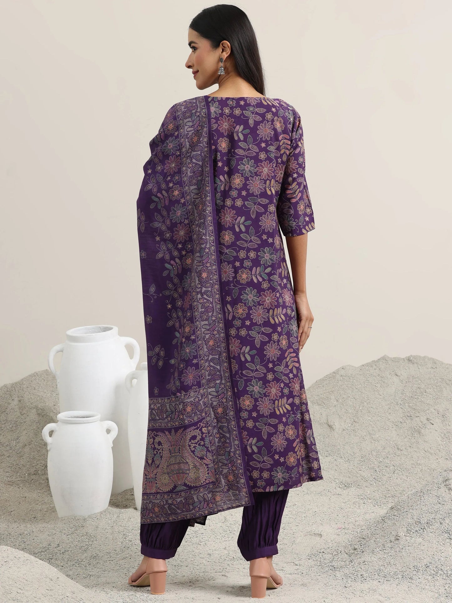 Purple Printed Silk Blend Straight Suit With Dupatta