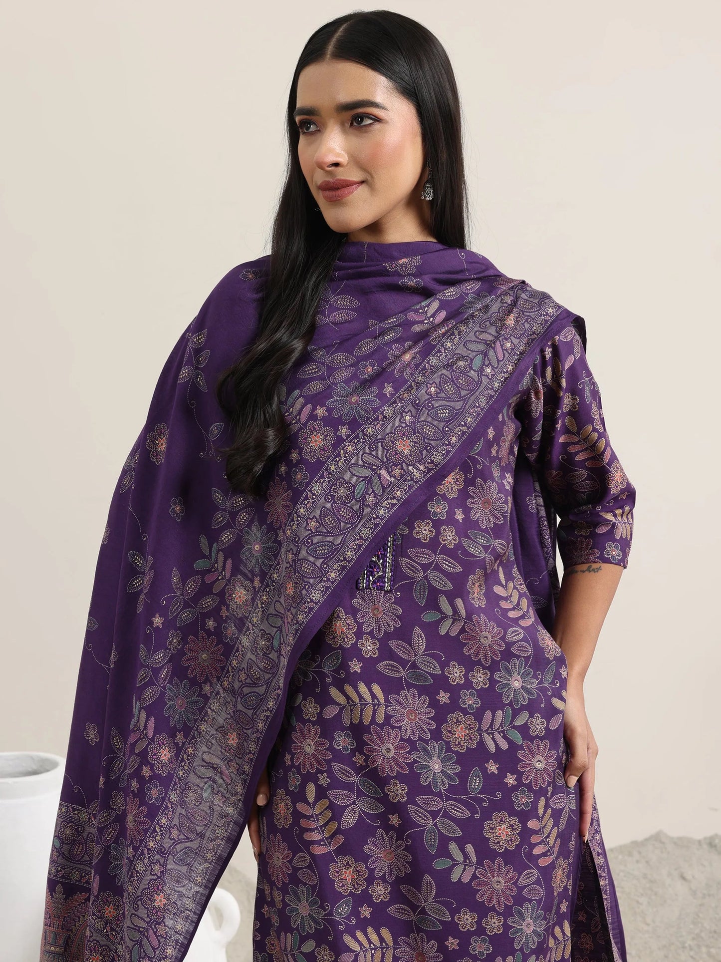 Purple Printed Silk Blend Straight Suit With Dupatta