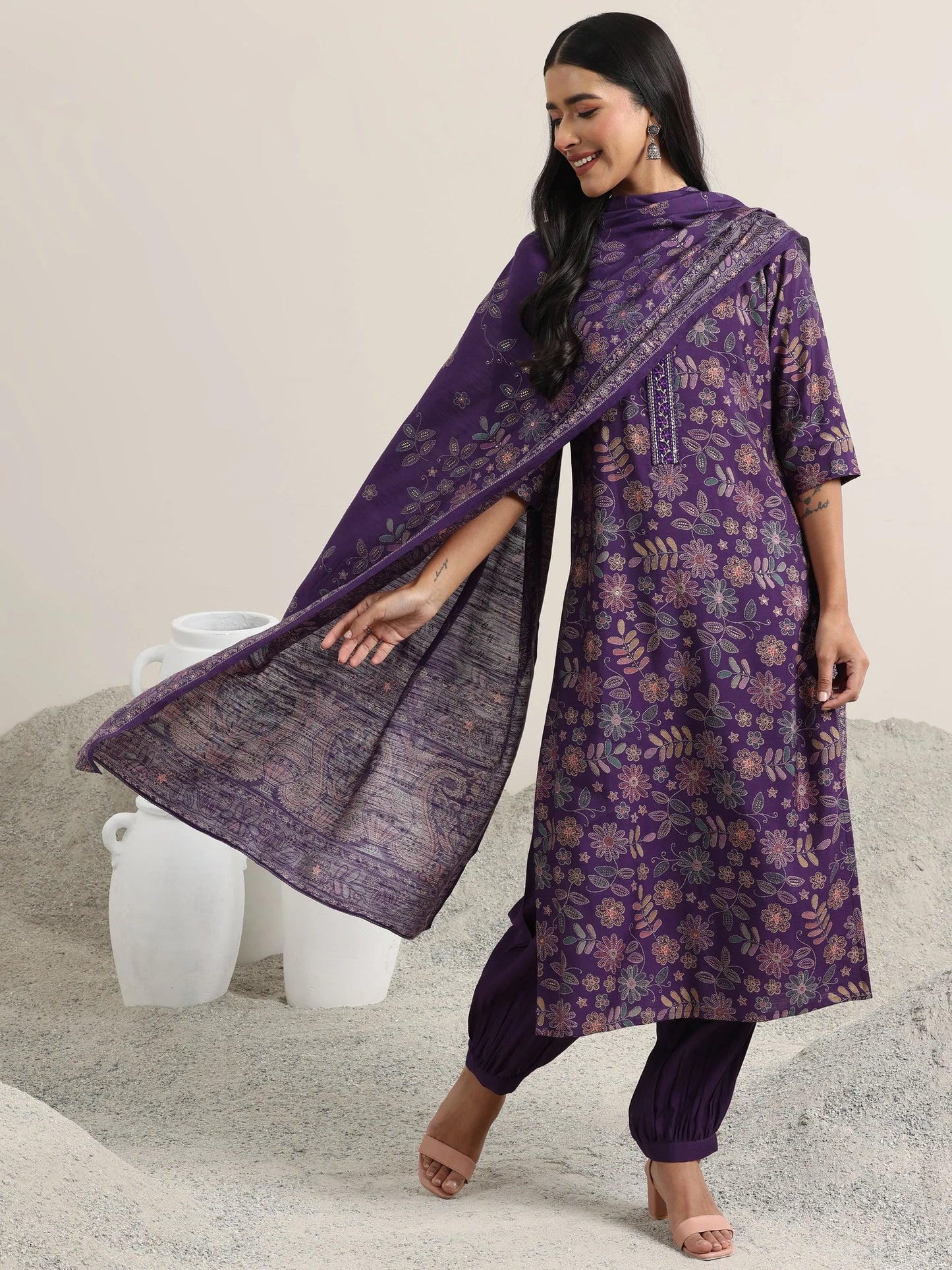 Purple Printed Silk Blend Straight Suit With Dupatta