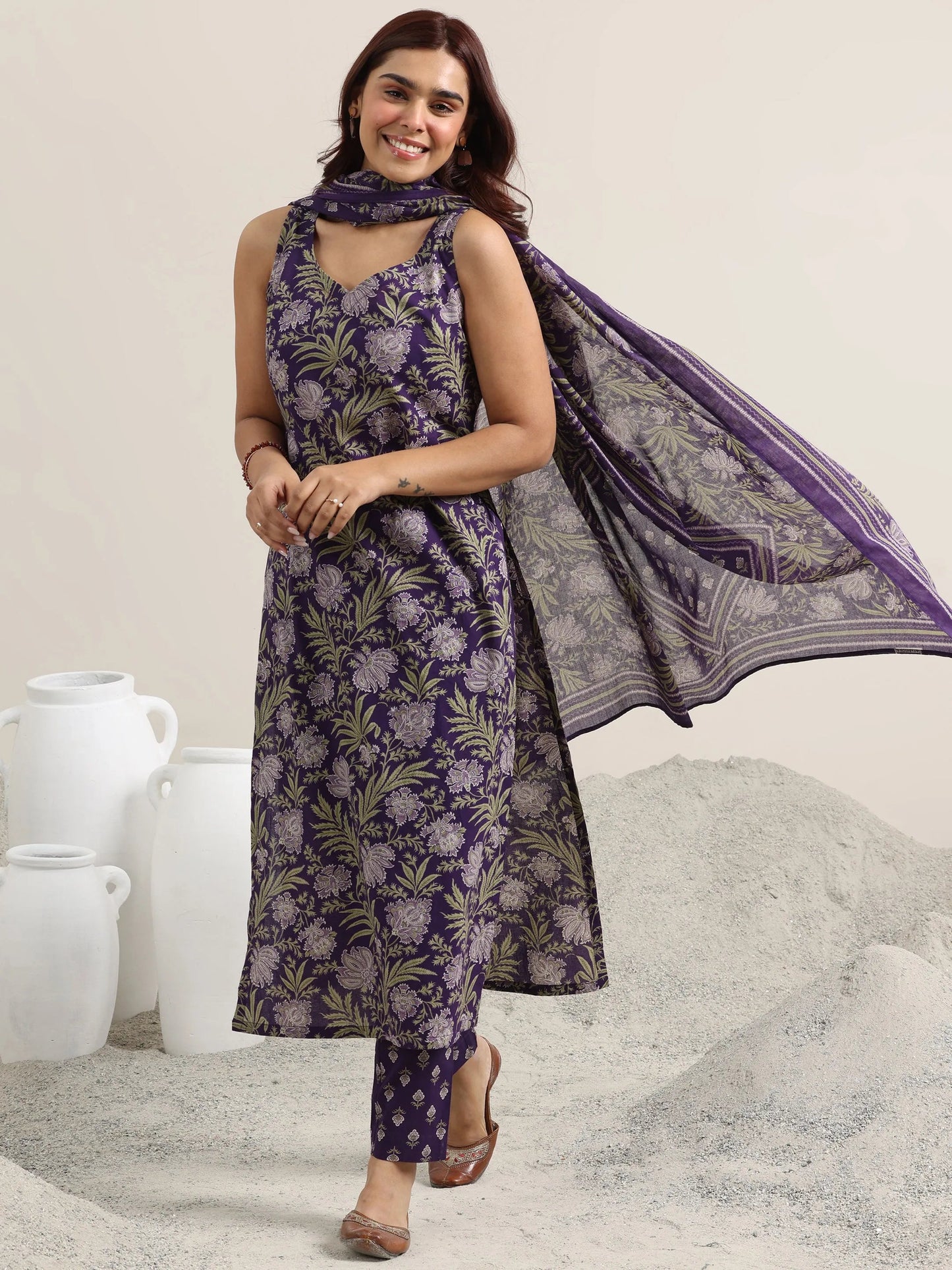 Purple Printed Cotton Straight Suit With Dupatta