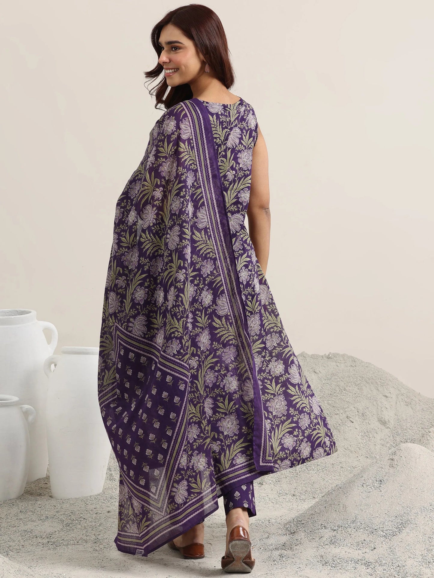 Purple Printed Cotton Straight Suit With Dupatta