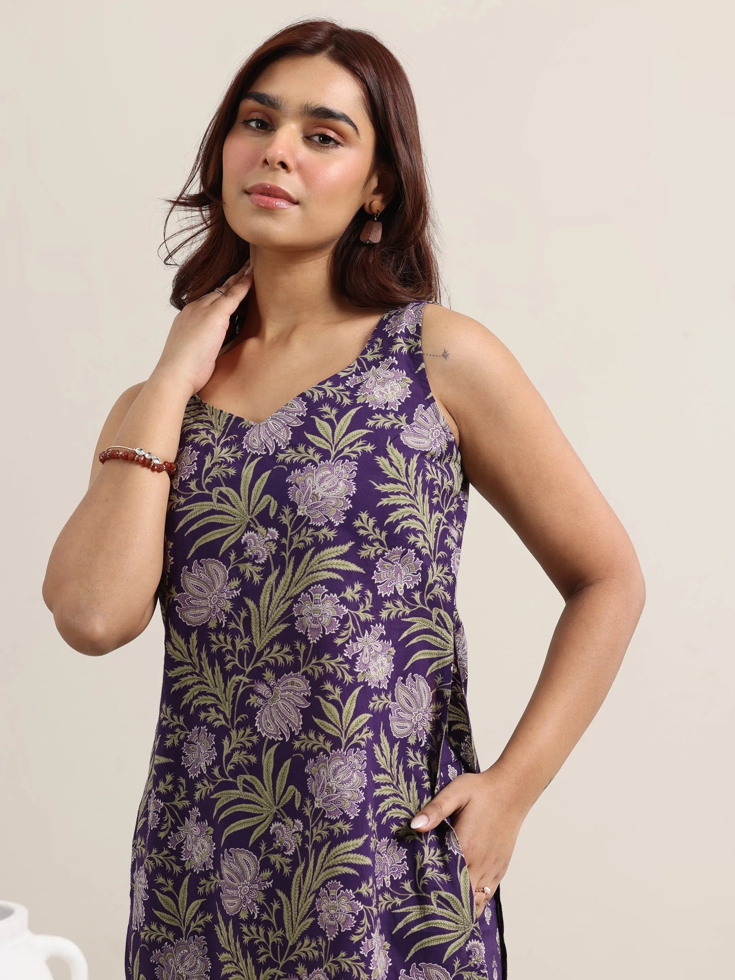 Purple Printed Cotton Straight Suit With Dupatta