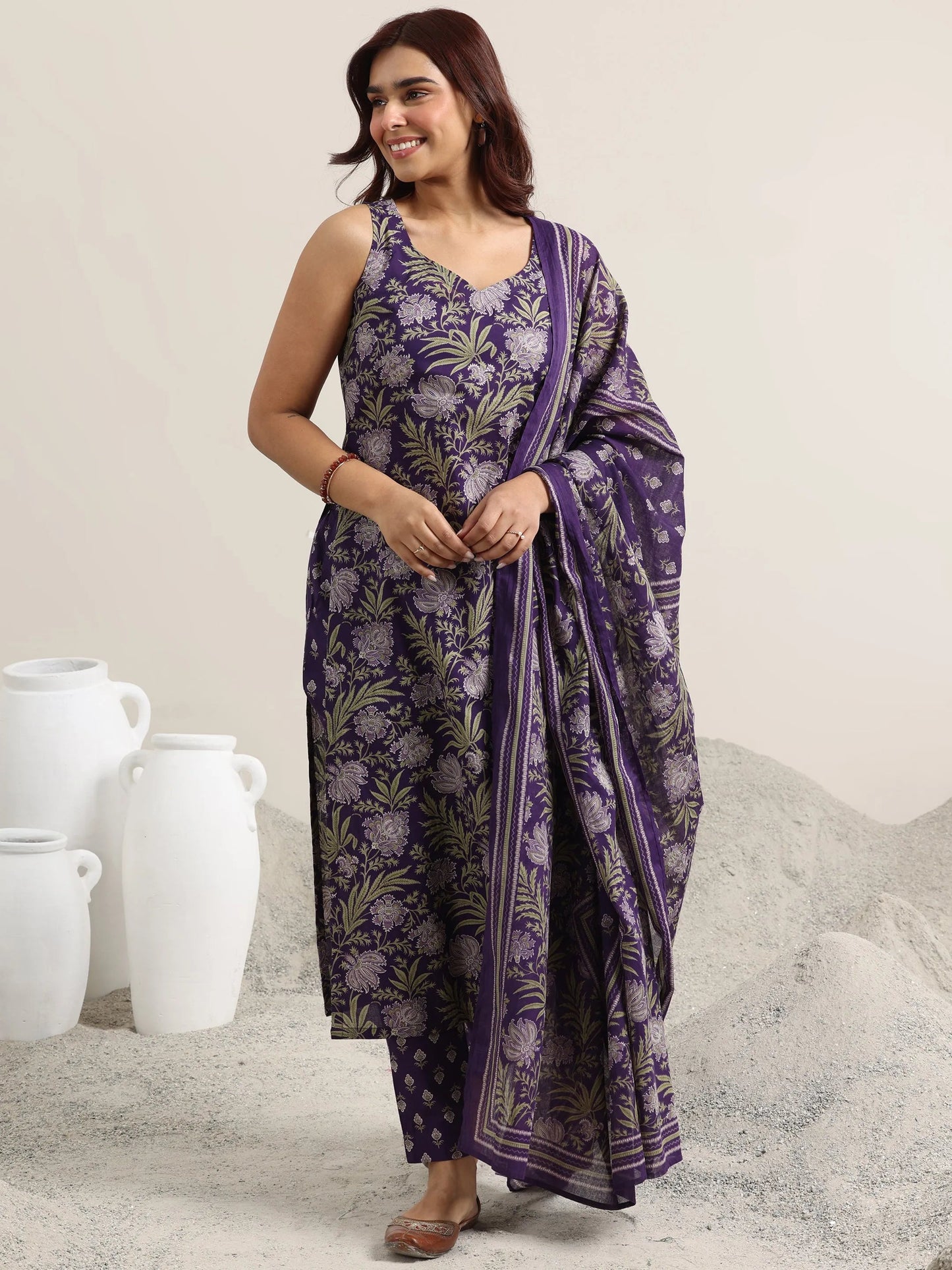 Purple Printed Cotton Straight Suit With Dupatta