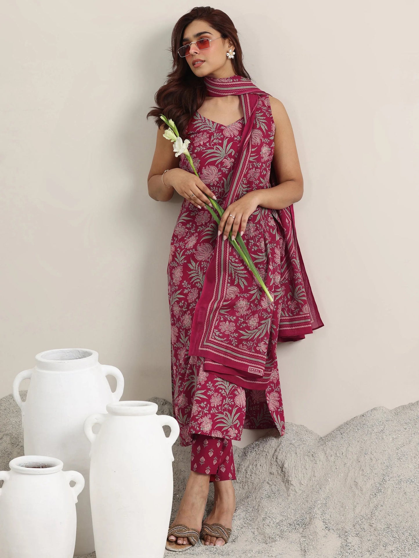 Maroon Printed Cotton Straight Suit With Dupatta