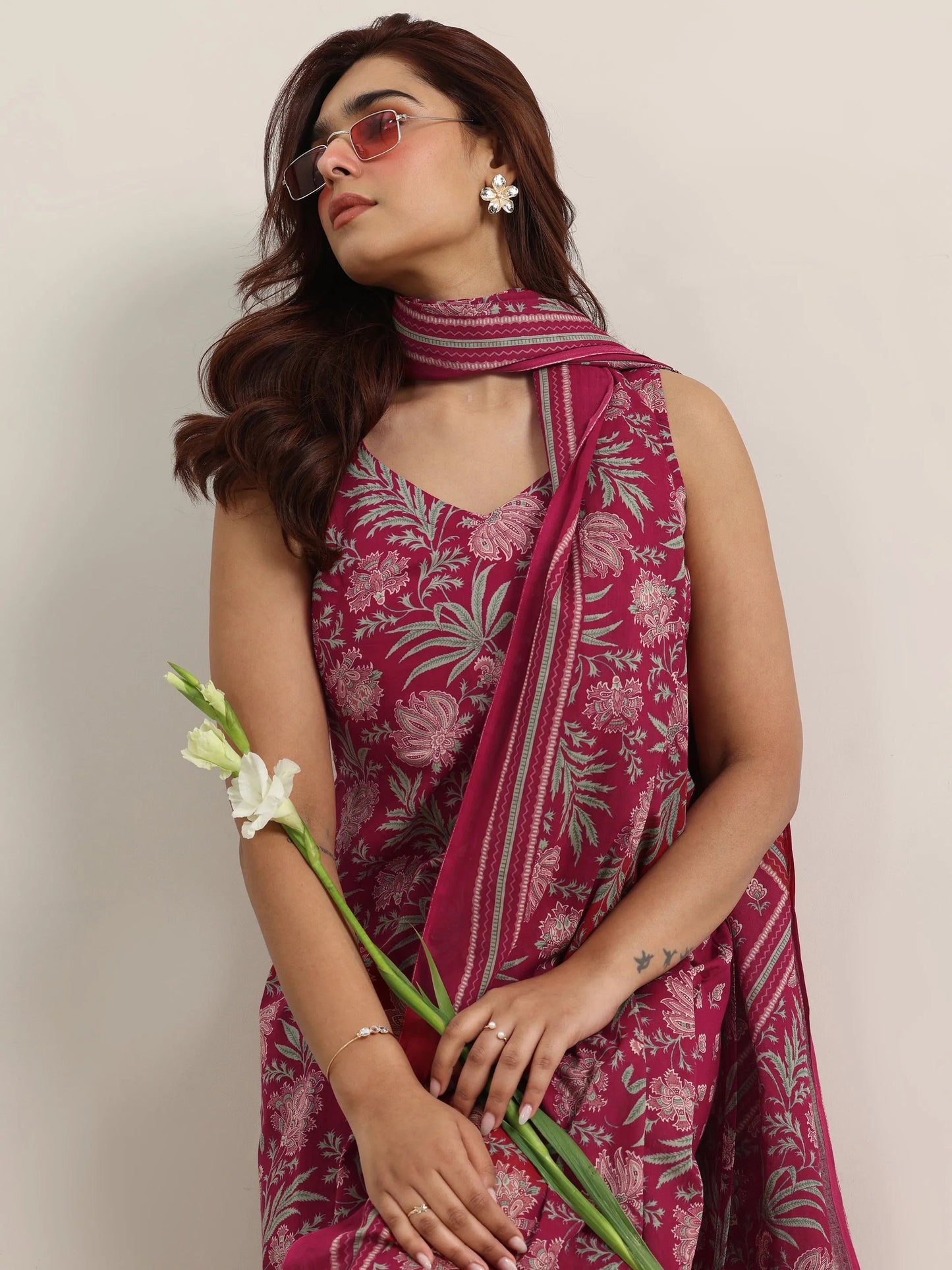 Maroon Printed Cotton Straight Suit With Dupatta