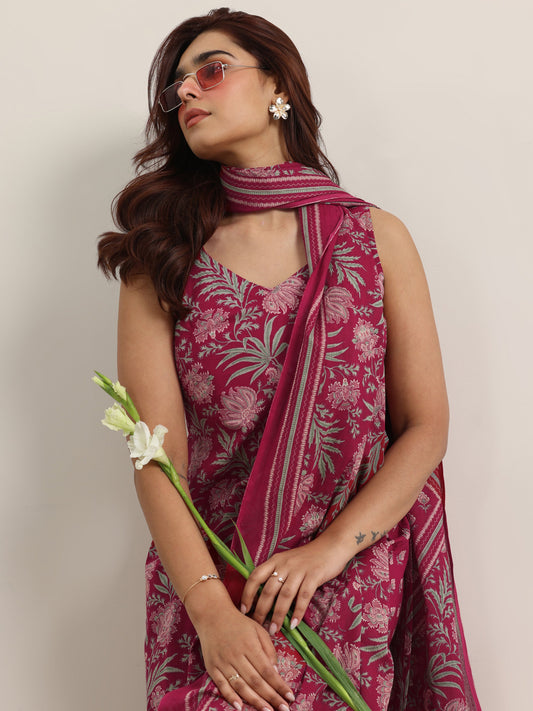 Maroon Printed Cotton Straight Suit With Dupatta