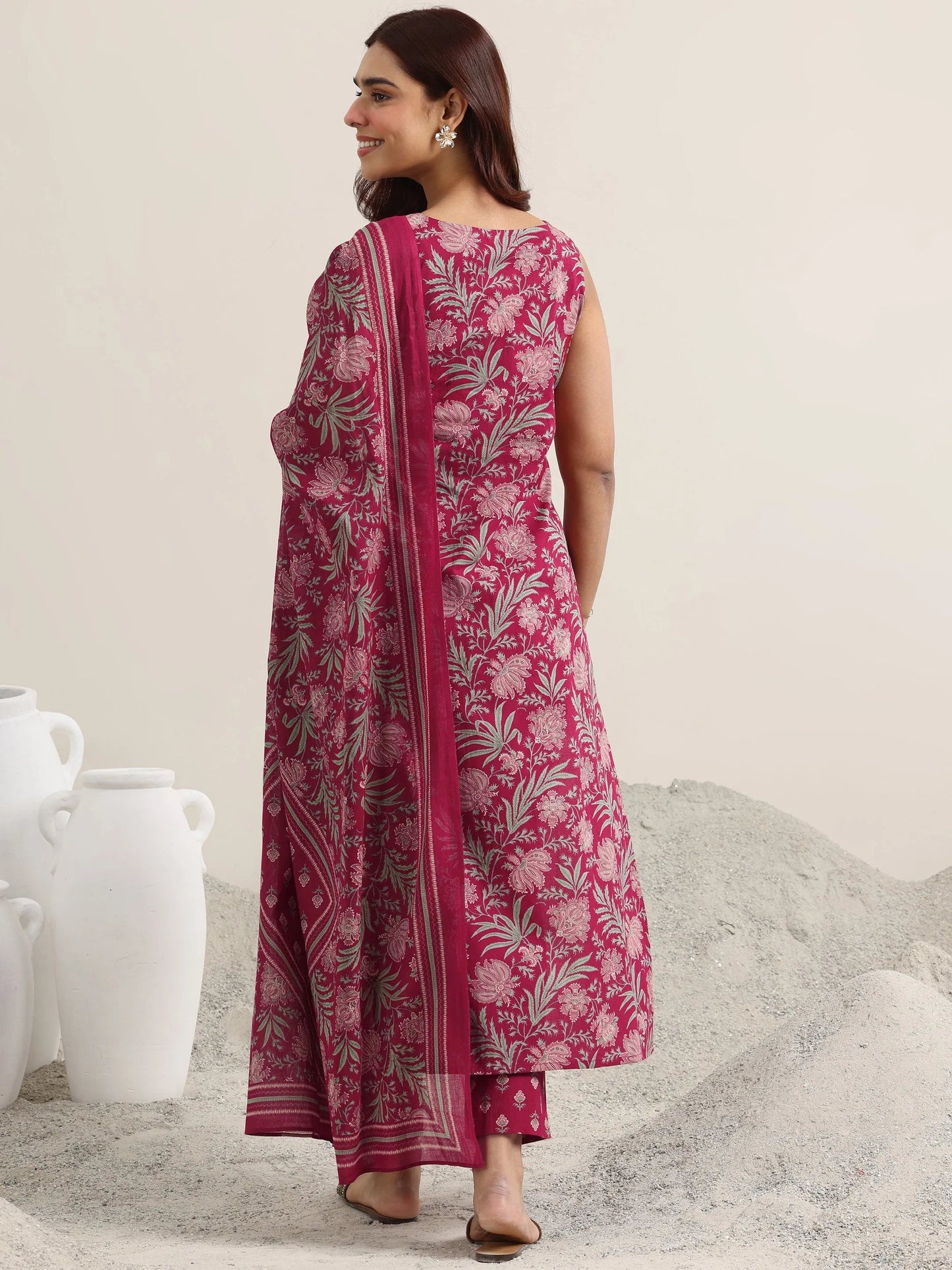 Maroon Printed Cotton Straight Suit With Dupatta