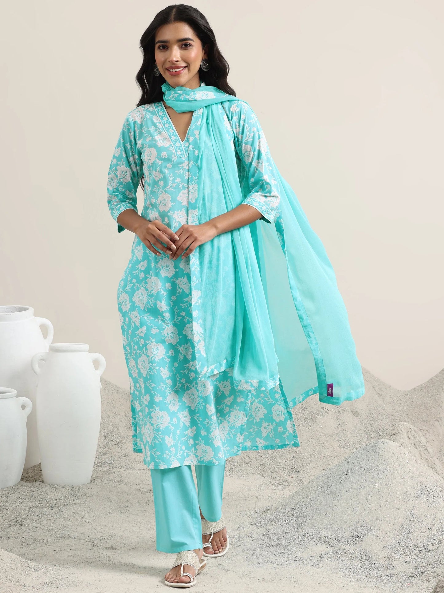 Blue Printed Cotton Straight Suit With Dupatta
