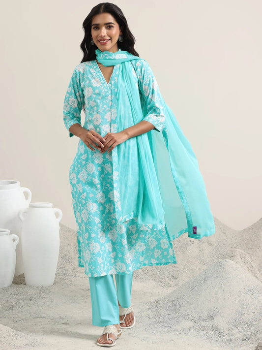 Blue Printed Cotton Straight Suit With Dupatta