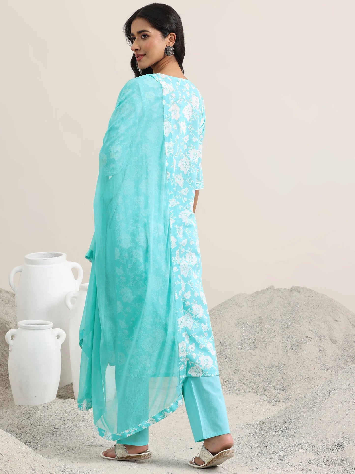 Blue Printed Cotton Straight Suit With Dupatta