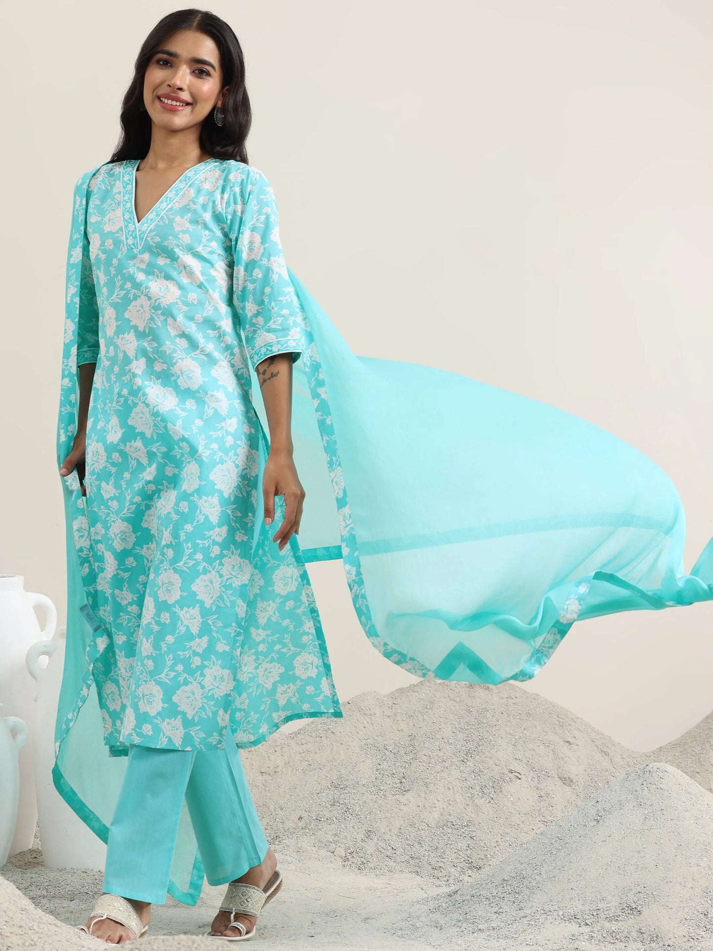 Blue Printed Cotton Straight Suit With Dupatta