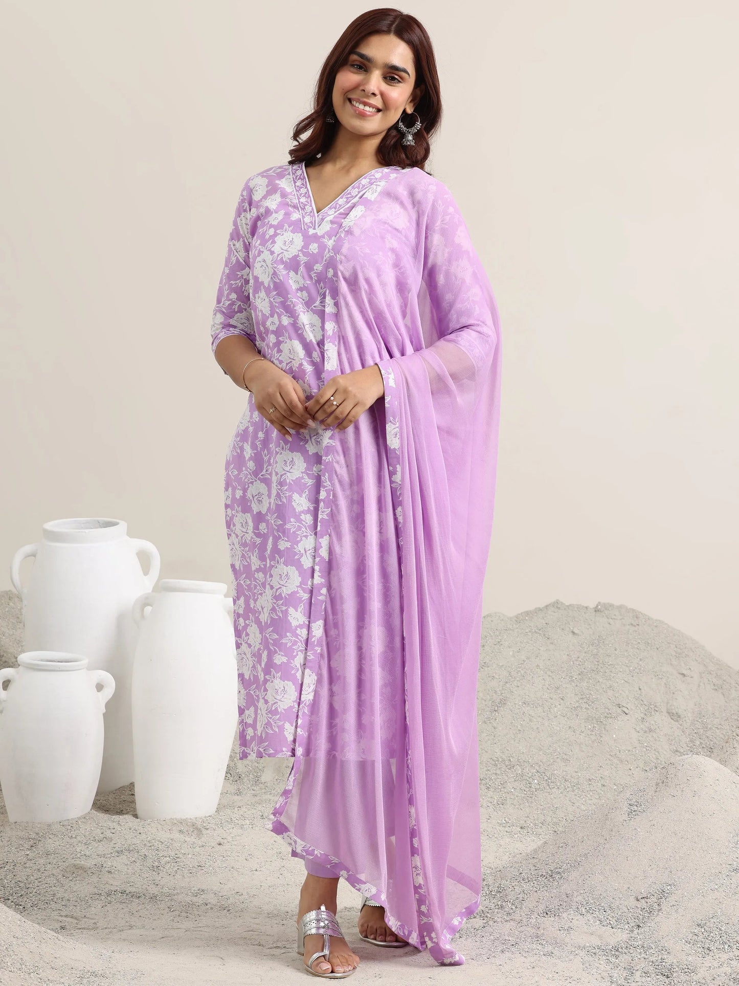 Lavender Printed Cotton Straight Suit With Dupatta