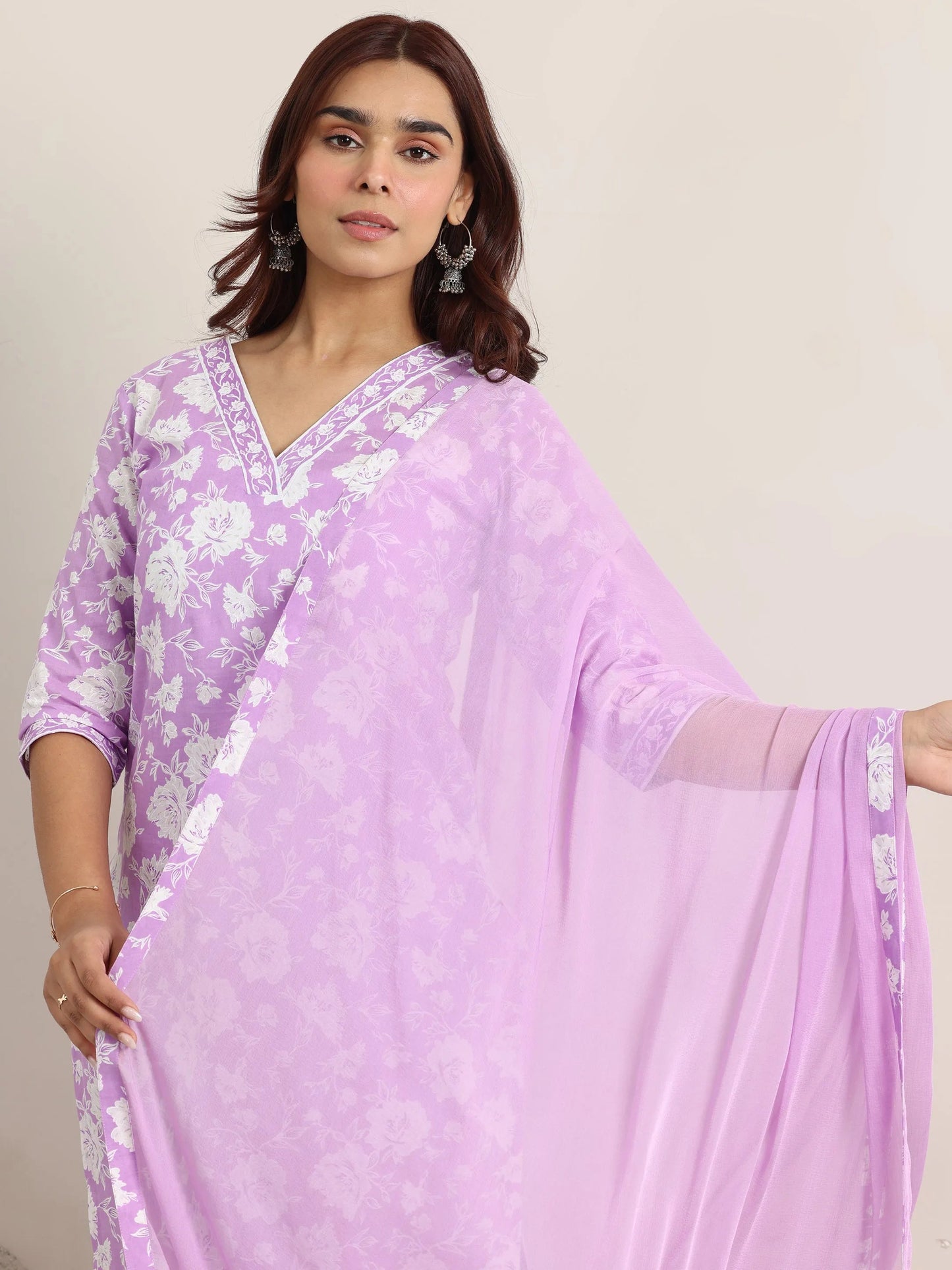 Lavender Printed Cotton Straight Suit With Dupatta