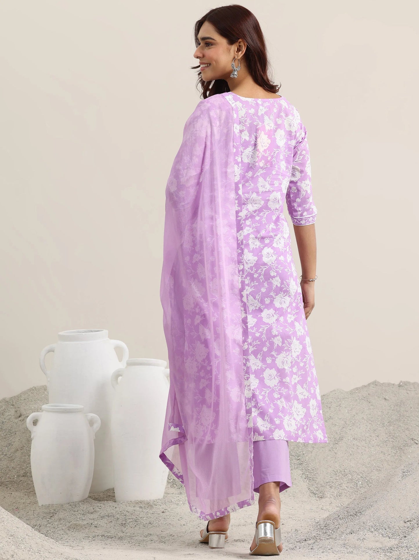 Lavender Printed Cotton Straight Suit With Dupatta